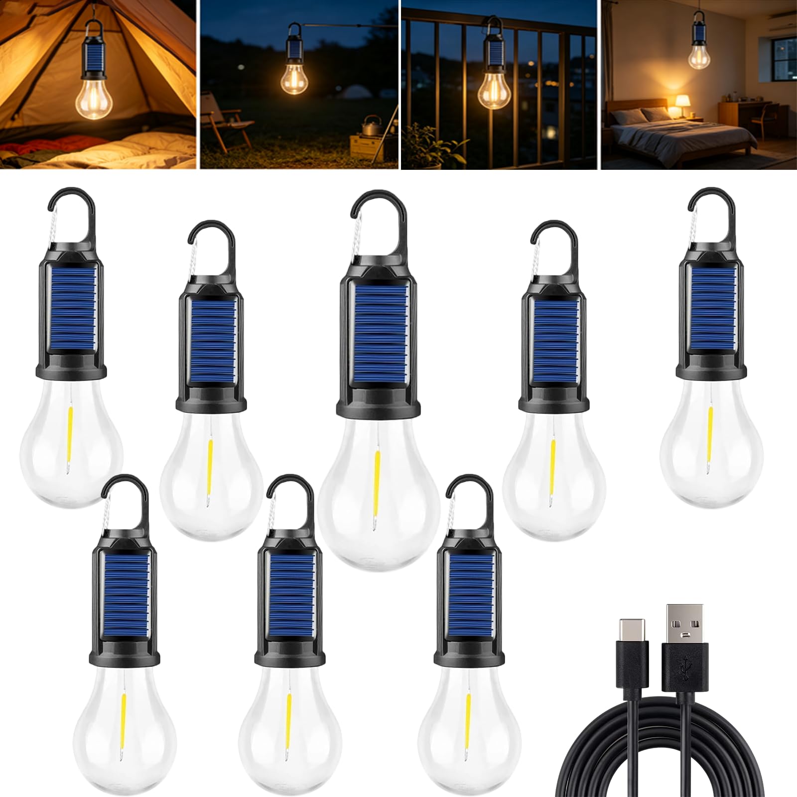 Luces solares para tienda de campaña, linterna LED recargable por USB, bombillas colgantes para exteriores con gancho de clip para camping, iluminación de 3 modos para senderismo, mochileros, patio (8