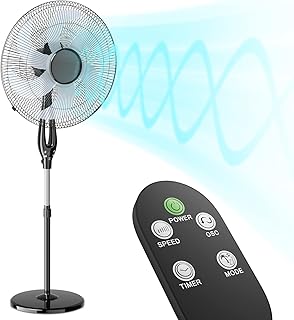 Oscillating Pedestal Fan with Remote Control 12H Timer Portable Adjustable Height 6 Blades Quiet Air Circulator Standing Floor Fan for Bedroom Home Black