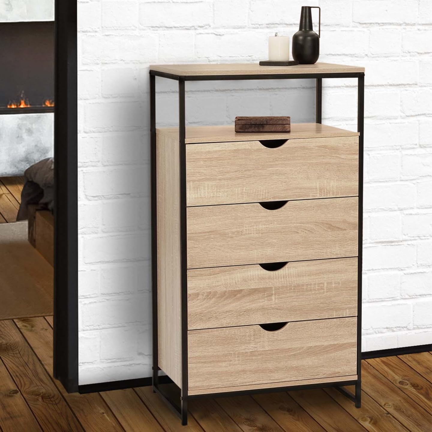 IDMarket - Chiffonnier 4 tiroirs Detroit 60 cm Commode Design Industriel avec étagère