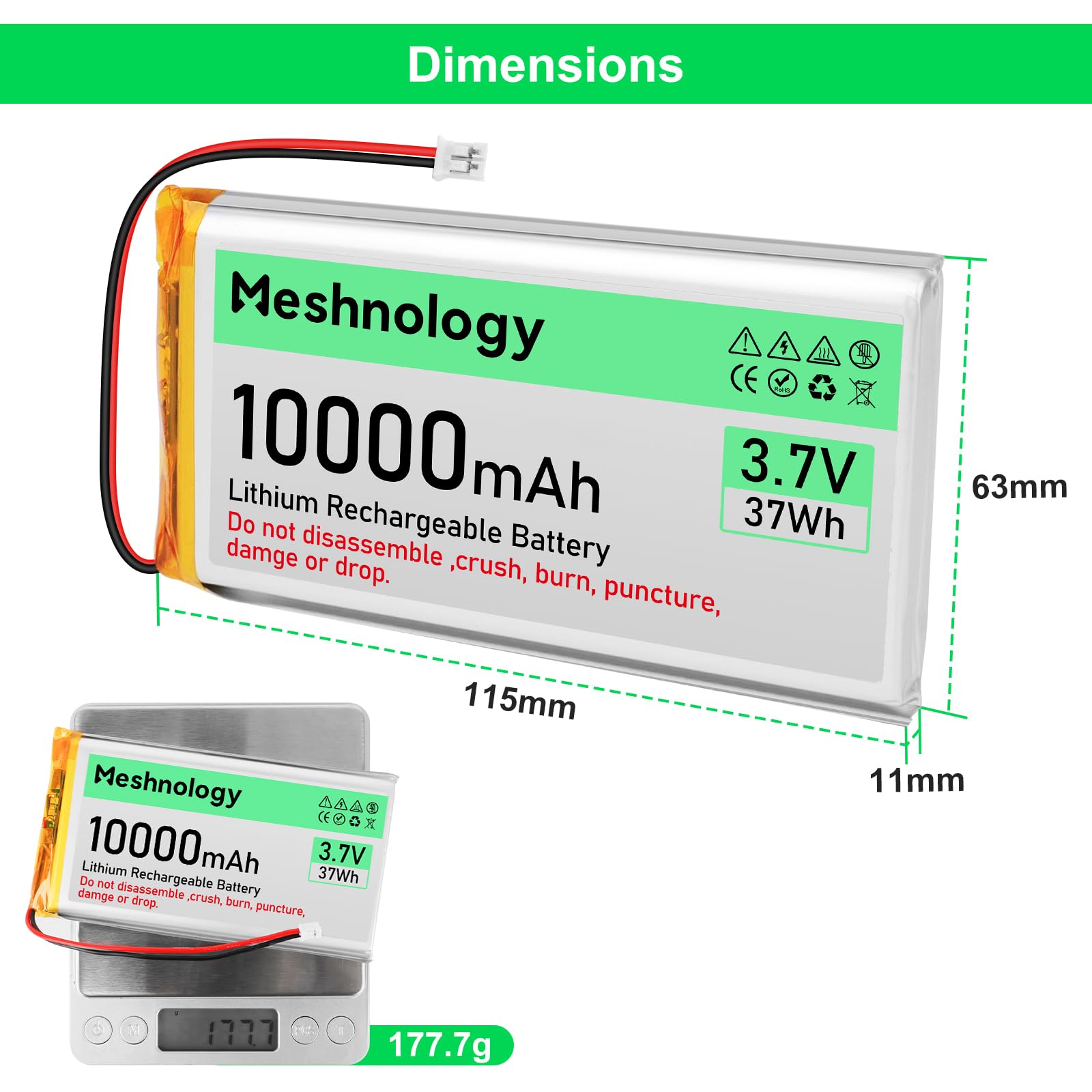 2 pz 3.7 V 10000 mAh Li Batteria con Cavo di Ricarica USB 1163115 1S Batteria LiPo con Bordo di Protezione Isolato Nastro di Gomma e Micro PH2.0 Spina per Arduino ESP32 Scheda Modulo Drone