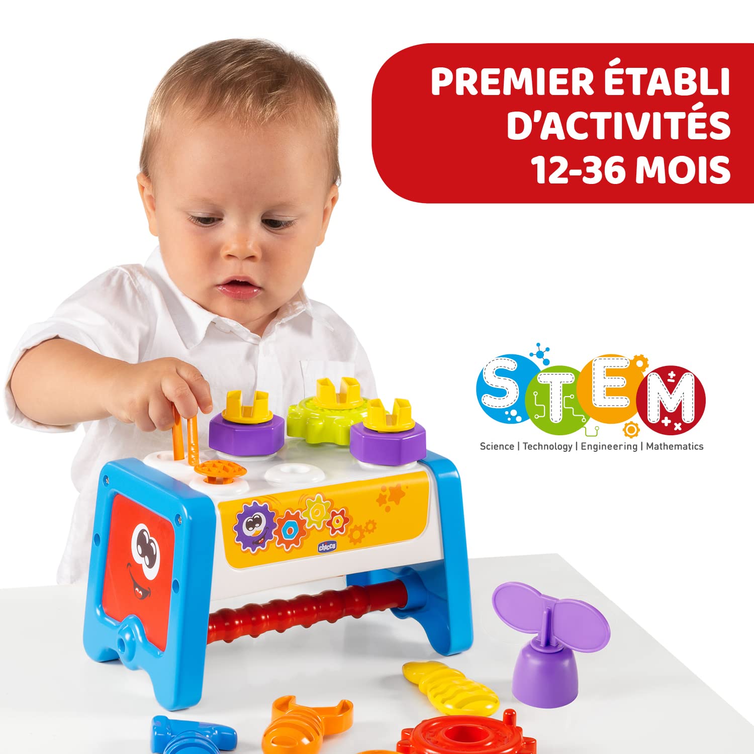 Chicco 2 in 1 Activity Bench for Children with Tool Set and Activity Table, STEM Toy with 15 Elements Including Hammer, Screwdriver, Wrench