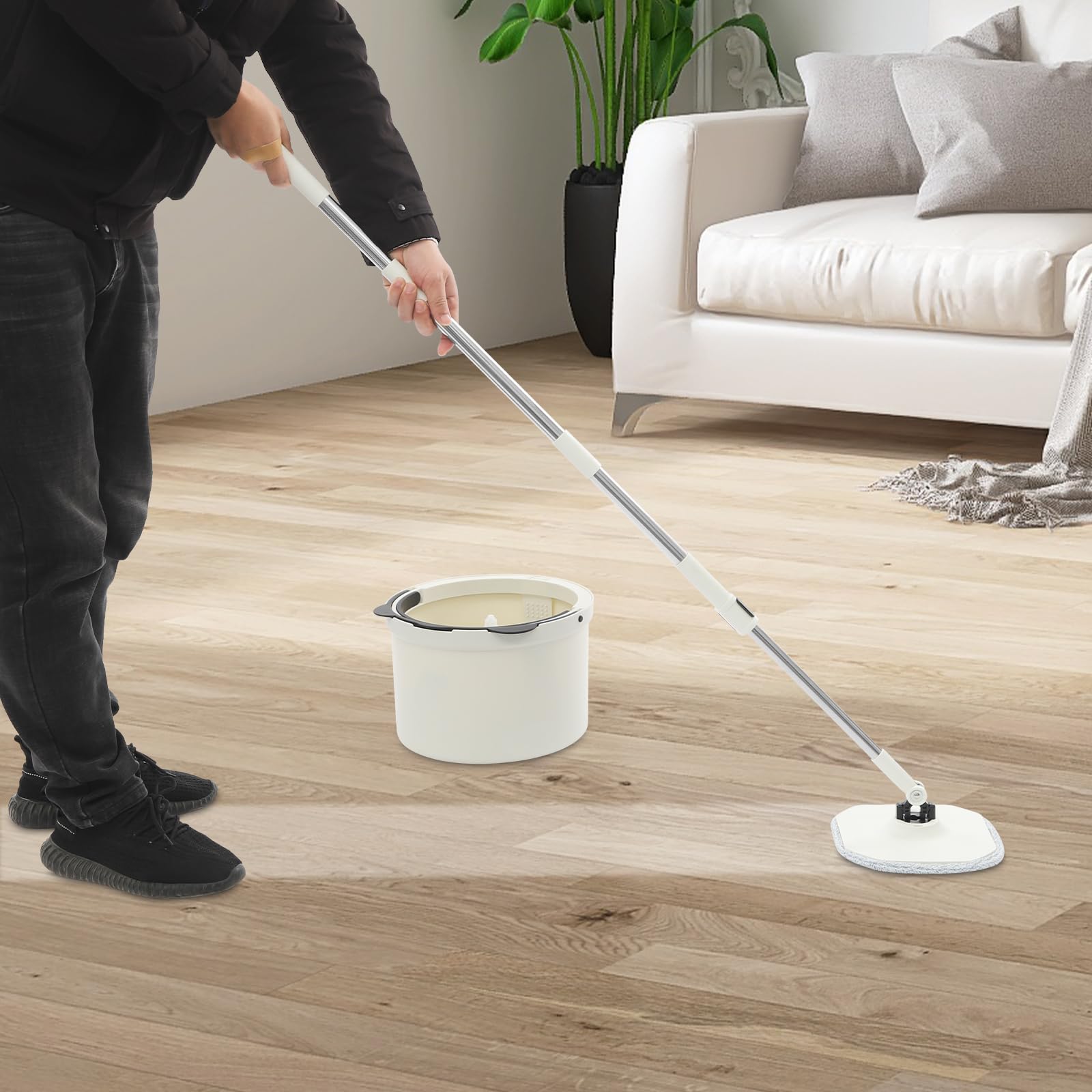 Mop obrotowy i wiadro, mop i wiadro z zestawem wykrętaków do domu, regulowana konstrukcja, obracany o 360°, 2 rodzaje głowic mopa, z 5 ściereczkami do wycierania