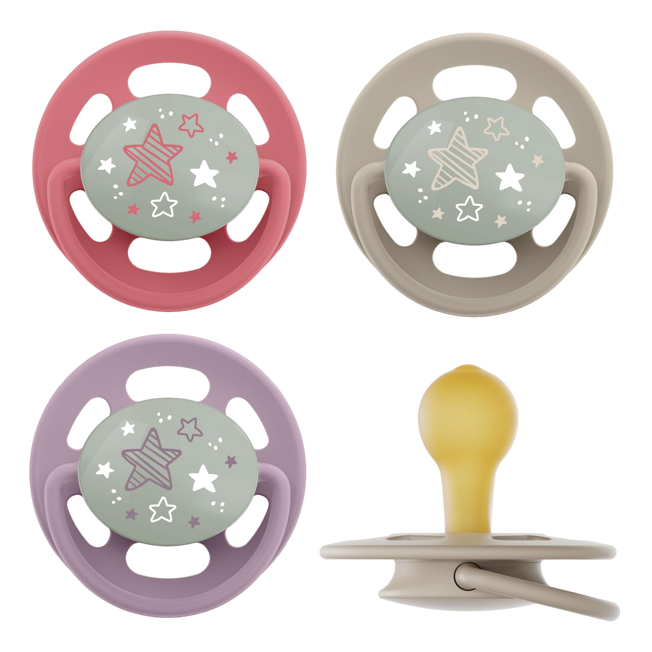 nipCherry Green Night | 0-6 Months | Breastfeeding Friendly Baby Dummy with Light Button for Babies. Sustainable Dummy Made from Natural Raw Materials | Pack of 4, Purple/Red