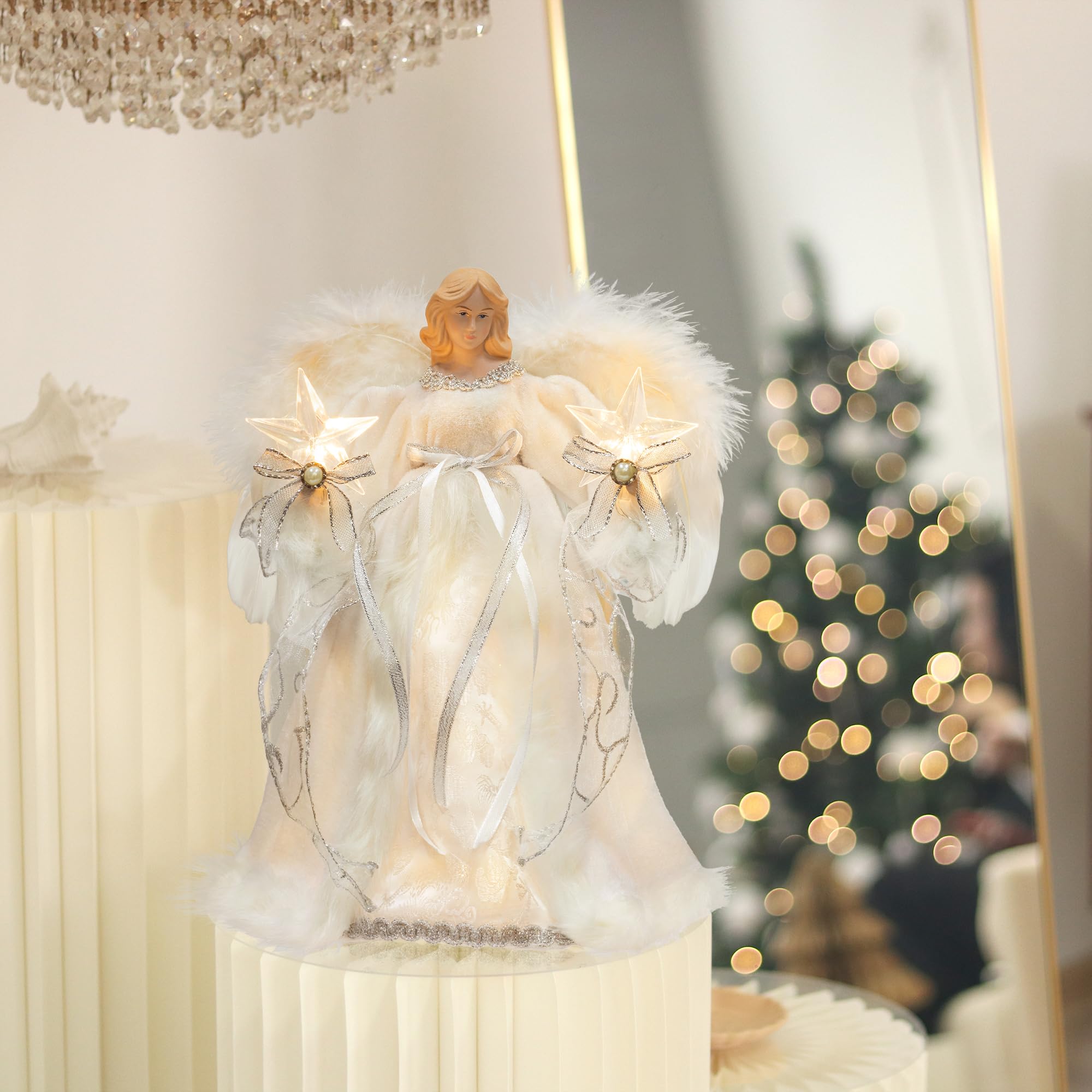 Punta Per Albero Di Natale Con Angelo Luminoso - Statua In Tessuto Con Piume, 30x25 Cm, Decorazione Rustica Fai Da Te - 2