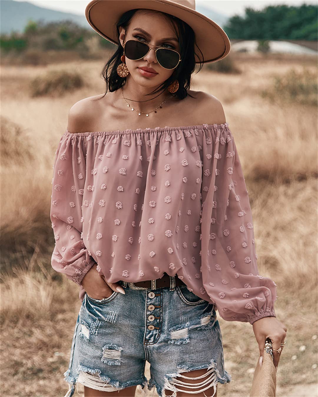 Camicette da Donna in Chiffon con Spalle Scoperte Camicetta a Pois svizzeri a Maniche Lunghe Camicette Casual Larghe con Maniche a Campana