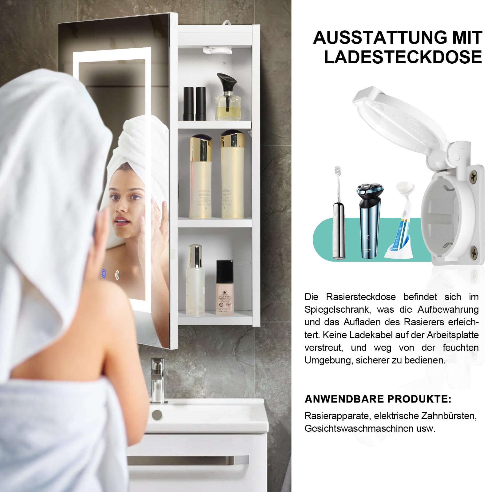Badezimmer-Spiegelschrank mit LED-Beleuchtung, 3 verstellbares Licht, Spiegelschrank groß mit Ablage und Steckdose, Anti-Beschlag Wandschrank platzsparend, 50 * 66cm, Weiß