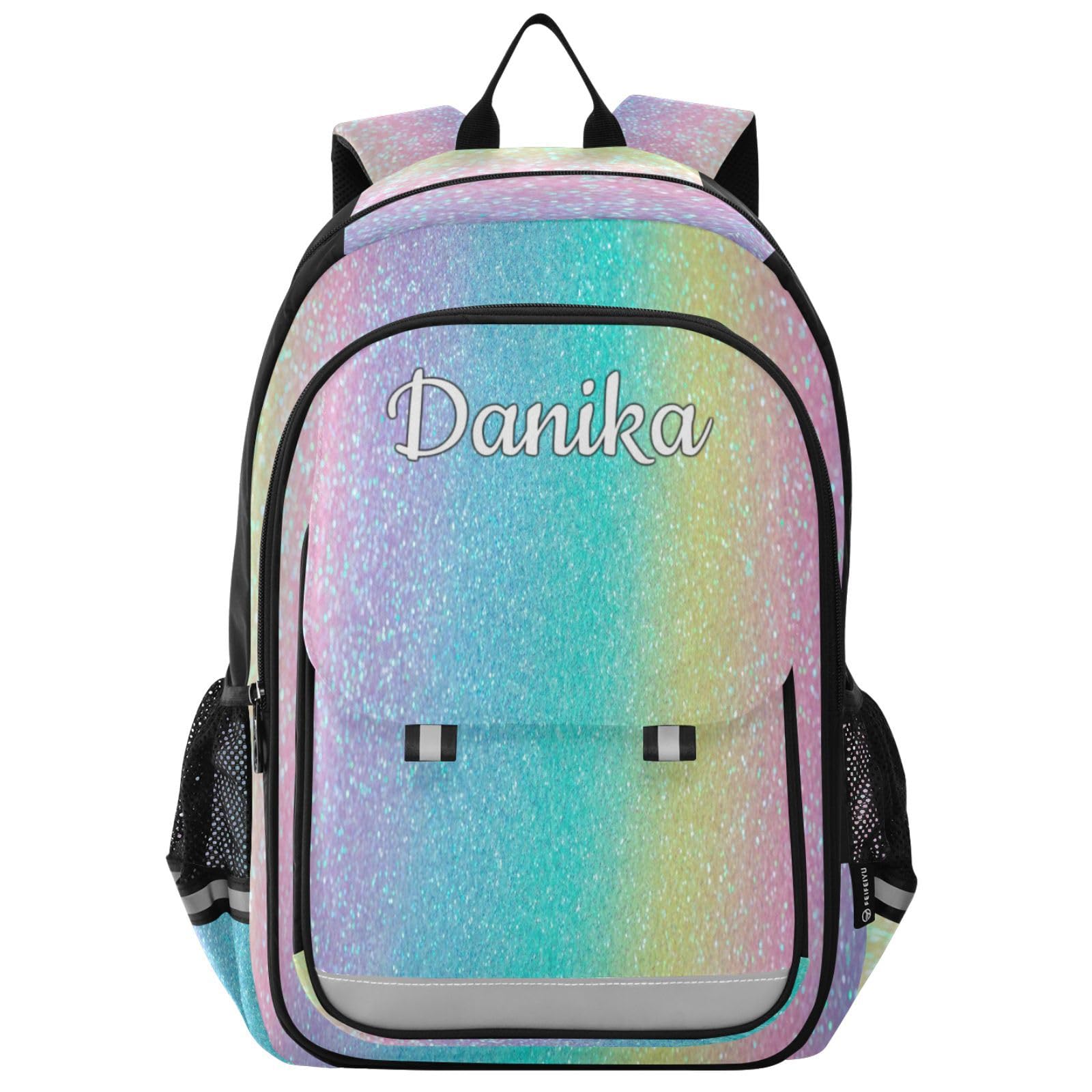 Plaaee Personalized Backpack Glistening Rainbow Glitter Custom Backpacks for School Back to School Gifts, Schoolbag for Boys Girls Kids