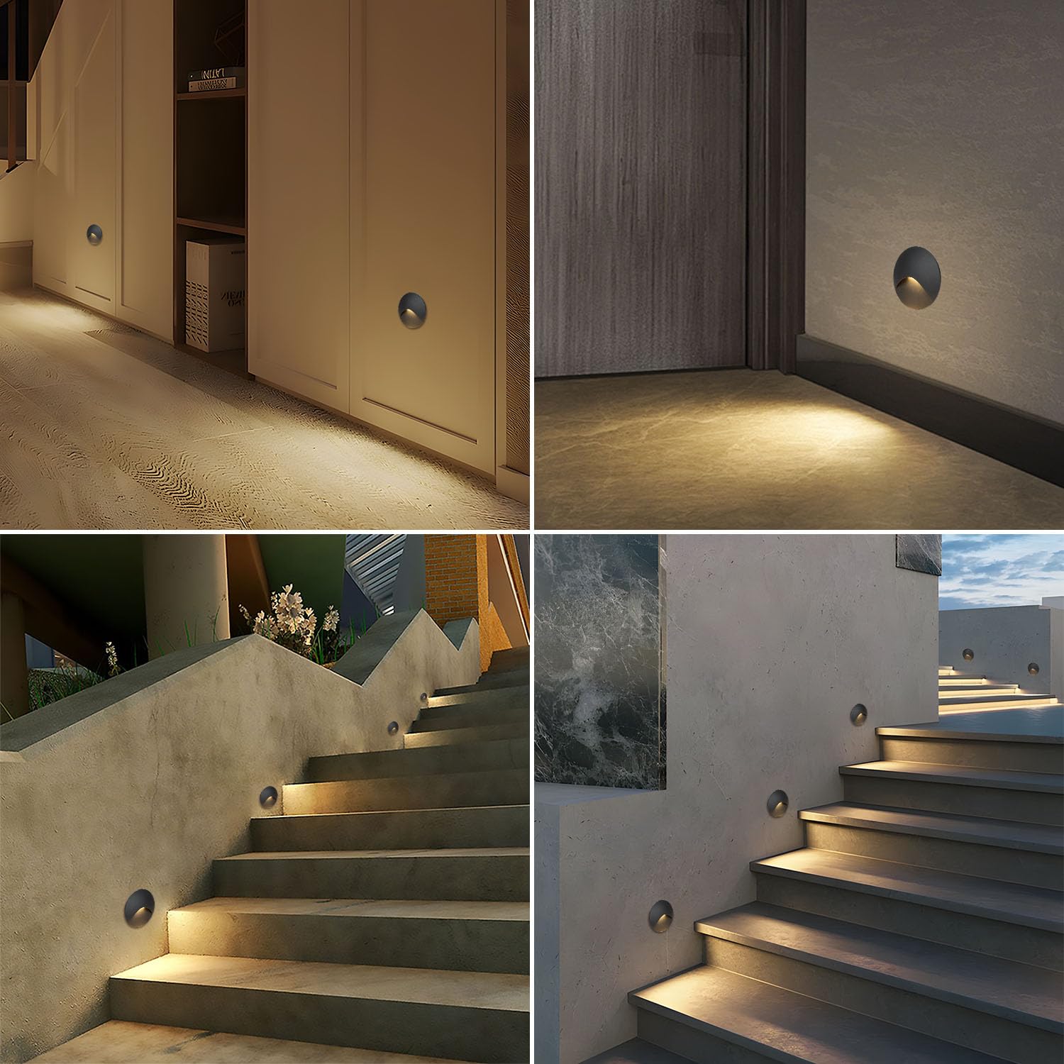 Arotelicht 2er LED Wandleuchte Aluminium Warmweiß 3000K 3W Treppenbeleuchtung IP44 Wasserdicht Treppenlicht 230V Rund Wandeinbauleuchte Treppenleuchte Innen Außen Schwarz Stufenlicht, Unterputzdose