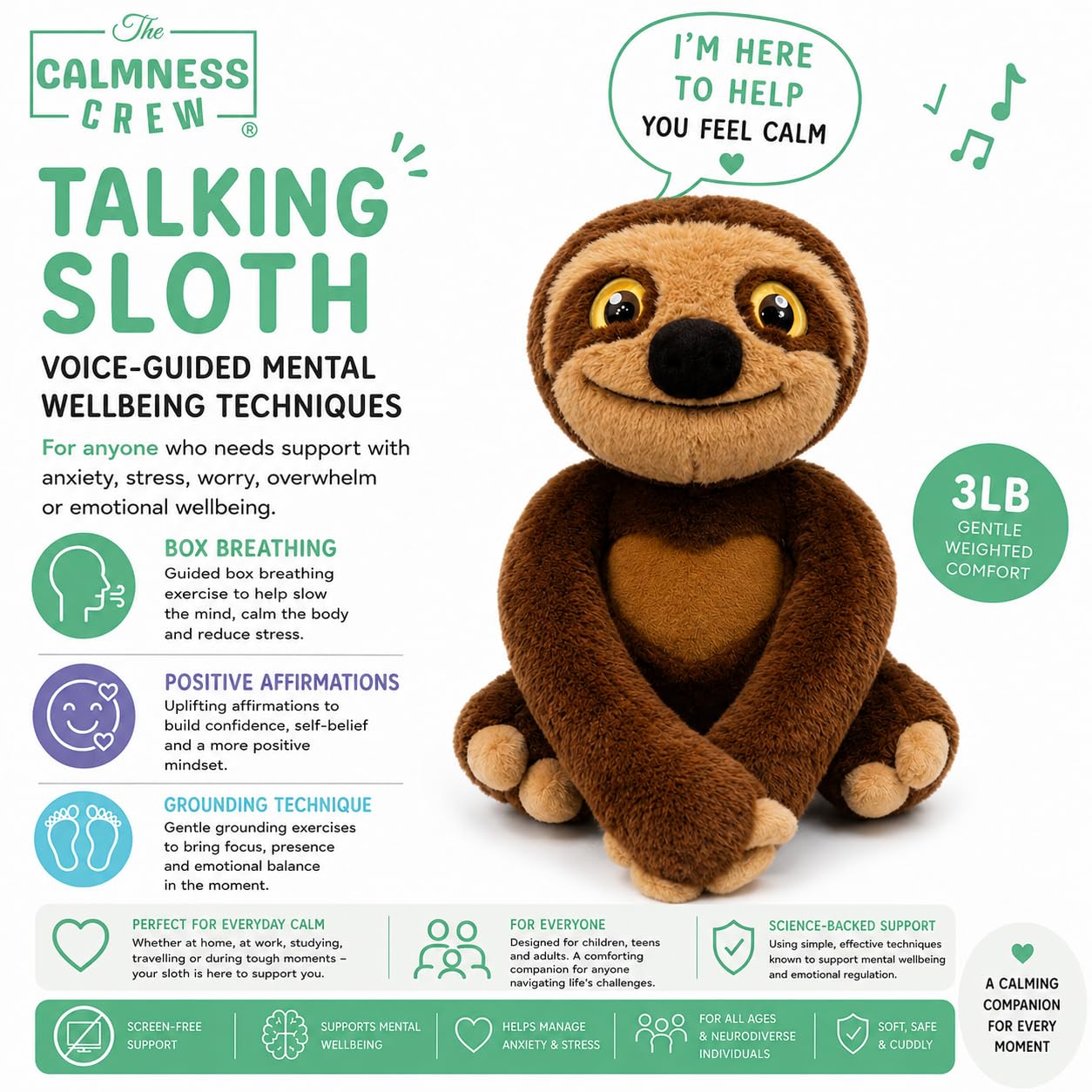 The Calmness Crew Weighted Talking Sloth Plushie for Anxiety Relief | Voice Guided Breathing, Positive Affirmations & Grounding Technique | Sensory Calming Plush Toy for Kids, Teens & Adults