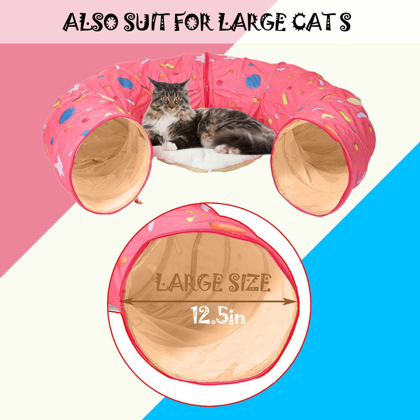 Túnel grande para gatos, cama de túnel para gatos grandes, bolas de juguete esponjosas, cojín pequeño y diseño flexible, 12 pulgadas de diámetro, ideal para gatos y perros pequeños, color