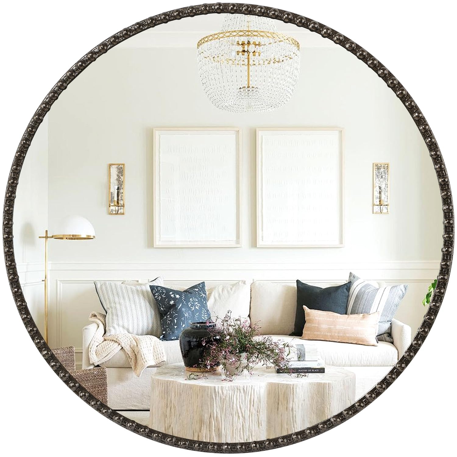 Lzuso Hanging Round Mirror Modern Metal Frame Round Mirrors Circle Bead Mirrors for Bathroom Living Room Hallway Entryway Wall Decor Large Bronze 20"