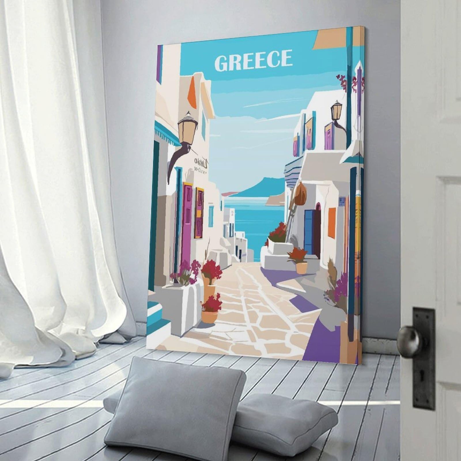 Junmoney Greece City Pop Art Canvas Wall Picture, 08x12inch(20x30cm), for Home, Office, Studio Or Guest Room, A Flexible Wall Accent for Shared Spaces