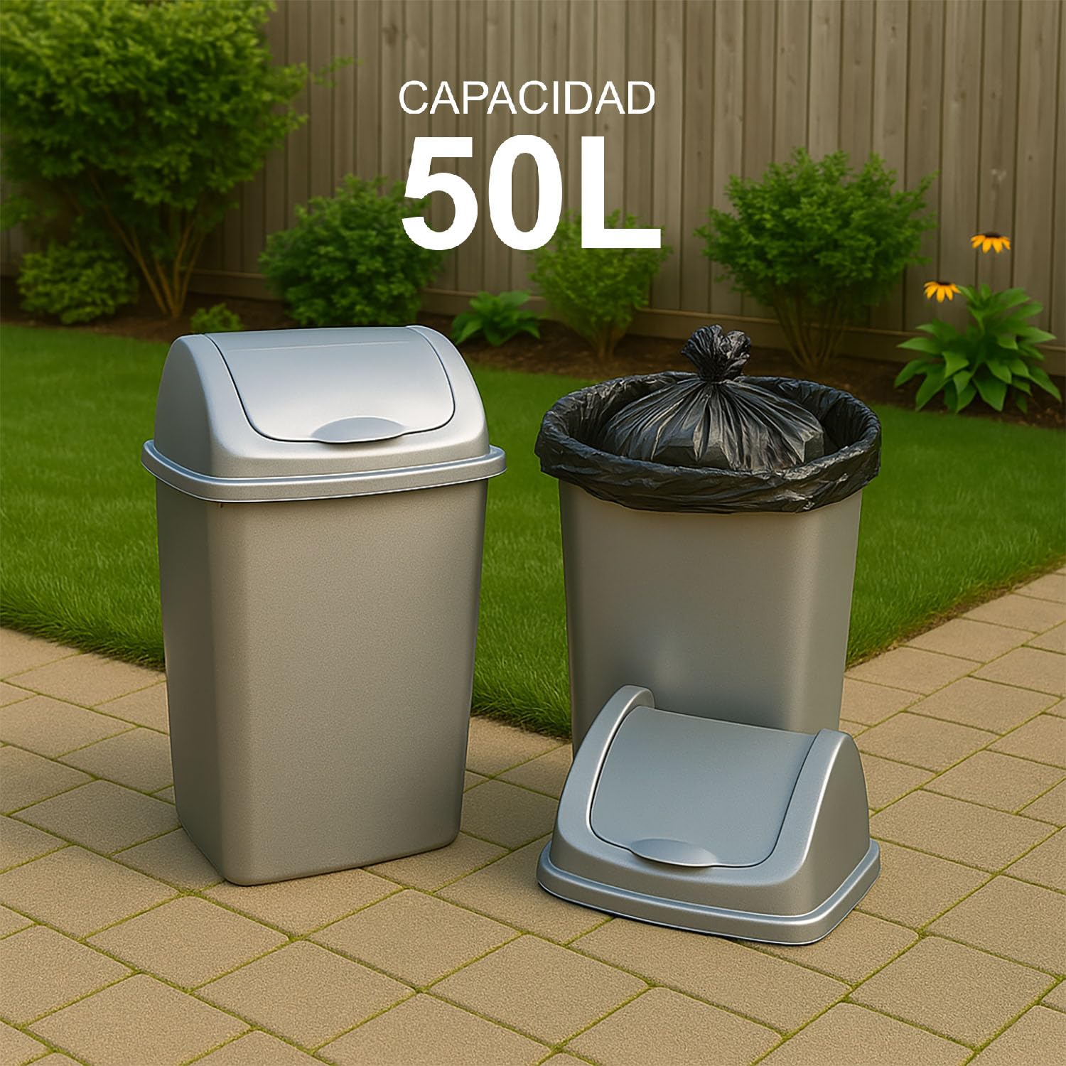 TIENDA EURASIA - Papelera con Tapa Basculante, Cubo de Basura 50 Litros, Papelera para Baño, Oficina, Cocina, Cubo Basura Tamaño 40 x 35 x 68 cm (Plata)