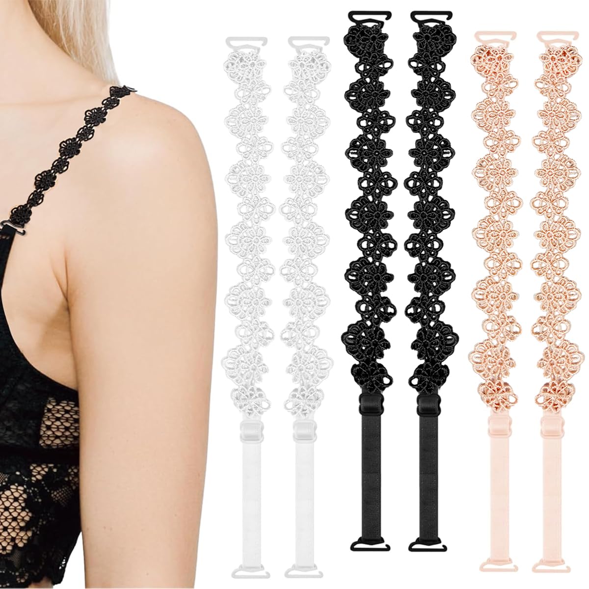 3 Pairs Bra Strap Slim Stretchy Bra Straps Replacement Wardrobe Accessories Fashion Piece Sophisticated Lace Flower Shoulder Straps for Matching Dress, Vest