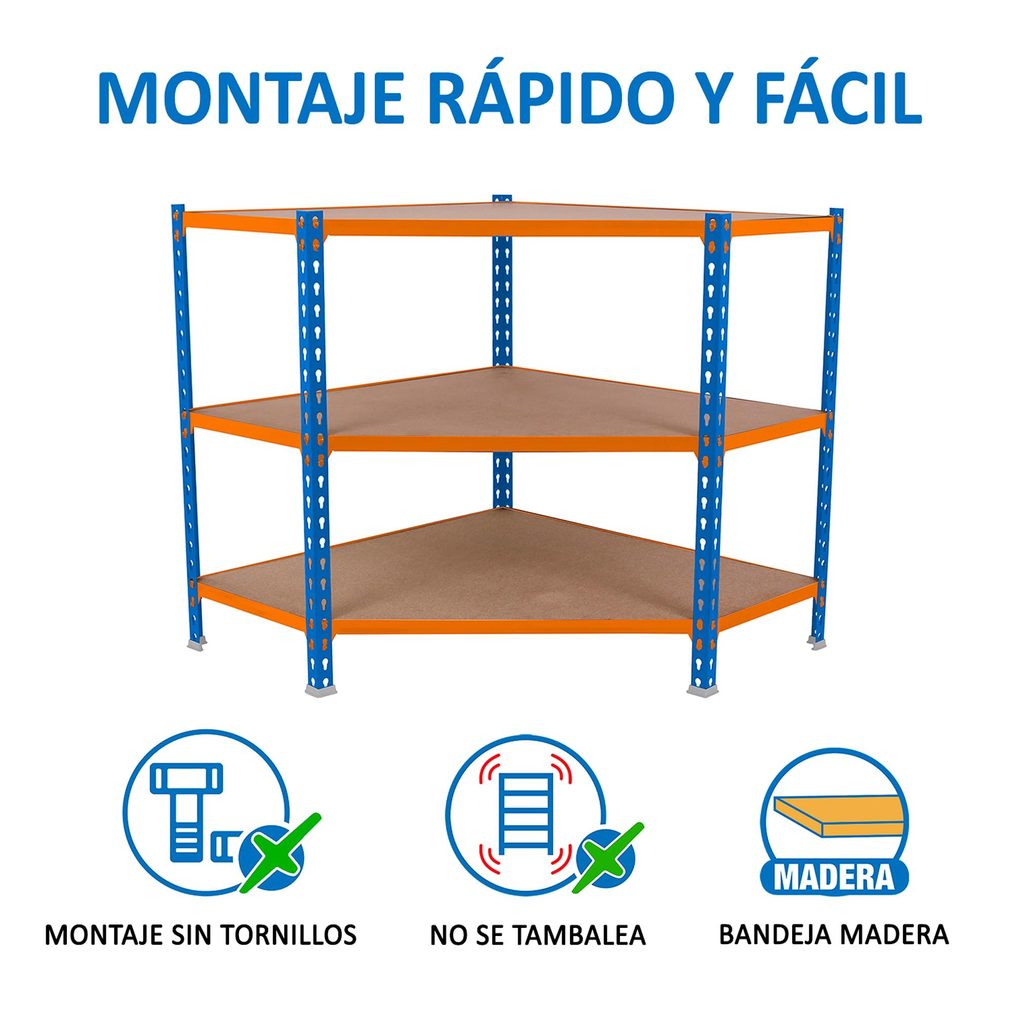 Simon Rack Estantería Metálica Almacenaje, Sin tornillos, 3 Baldas Madera, Alta Capacidad Carga 200 kg, 900x900x400 mm, Estantería Garaje Trastero, Azul/Naranja/Madera | 3 Alturas, Bandeja Madera, 200 kg de Punto Flexión, Azul/Naranja , Pintura anticorros