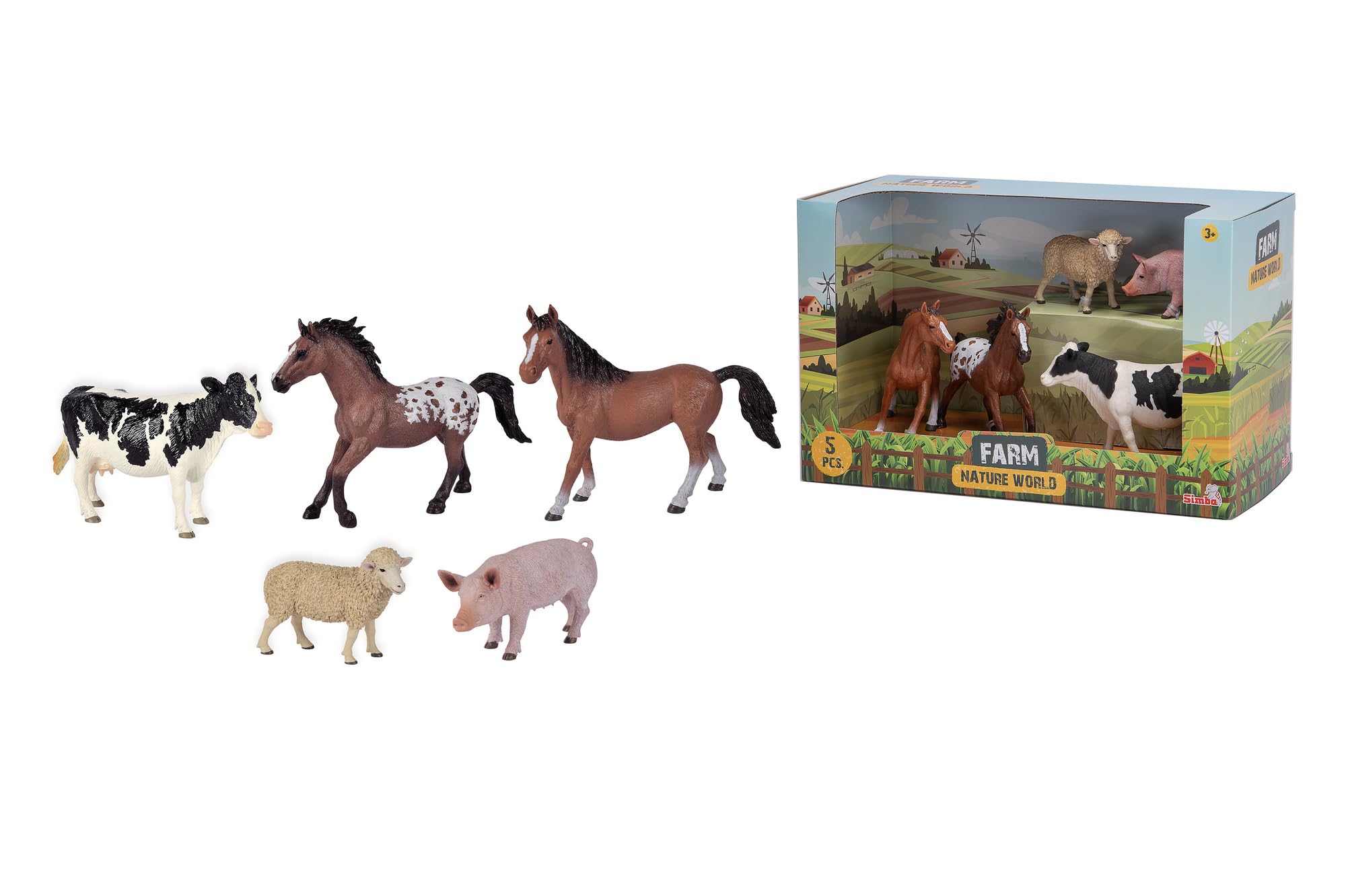 Simba 104343102 - Set di statuine fattoria con personaggi della fattoria, giocattoli, cavallo, cavallo al galoppo, pecora, maiale, mucca, 10-15 cm, a partire dai 3 anni