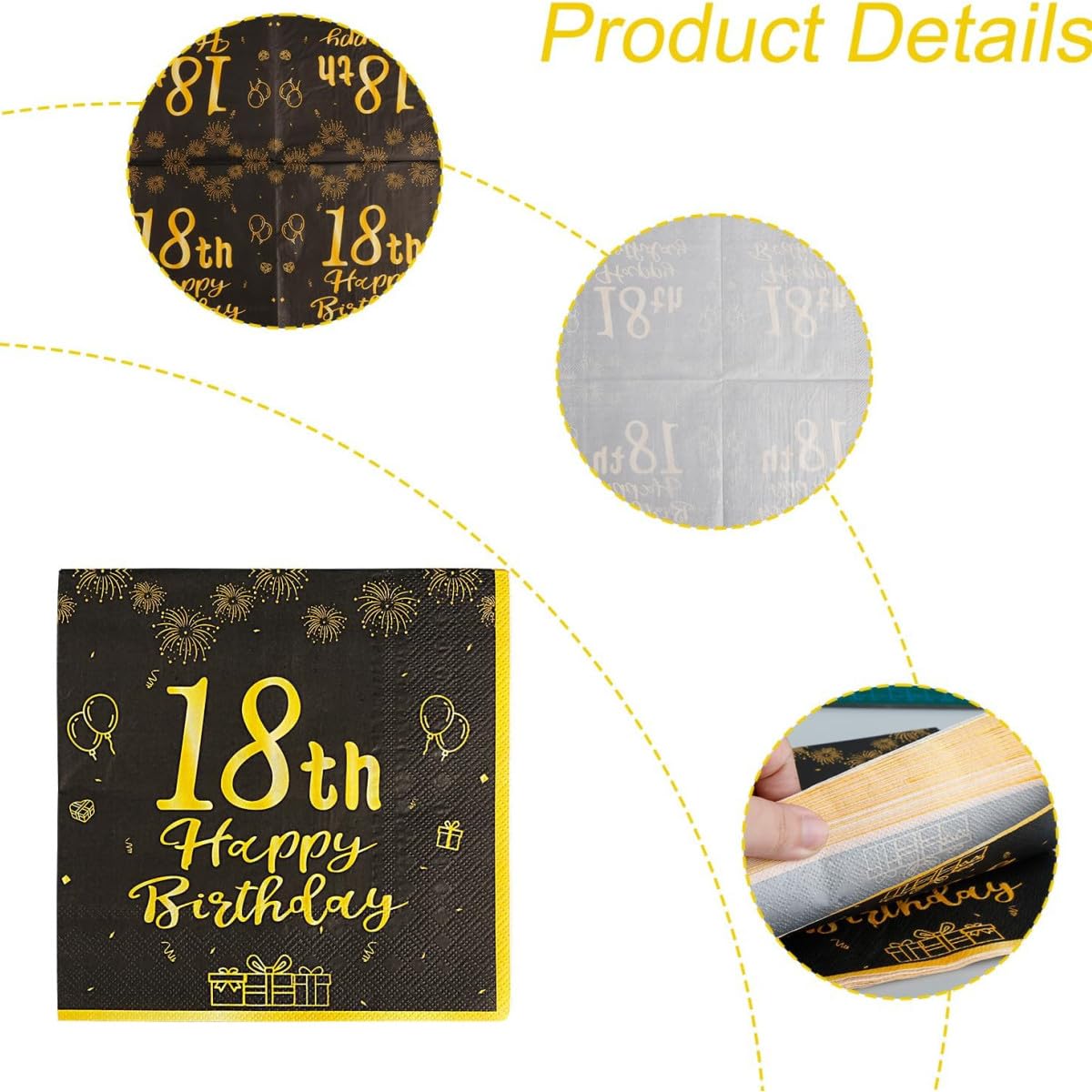 40 Tovaglioli Per 18° Compleanno Ragazzo – Nero E Oro Con Scritta Happy Birthday, Doppio Strato 33x33 Cm, Decorazione Tavola