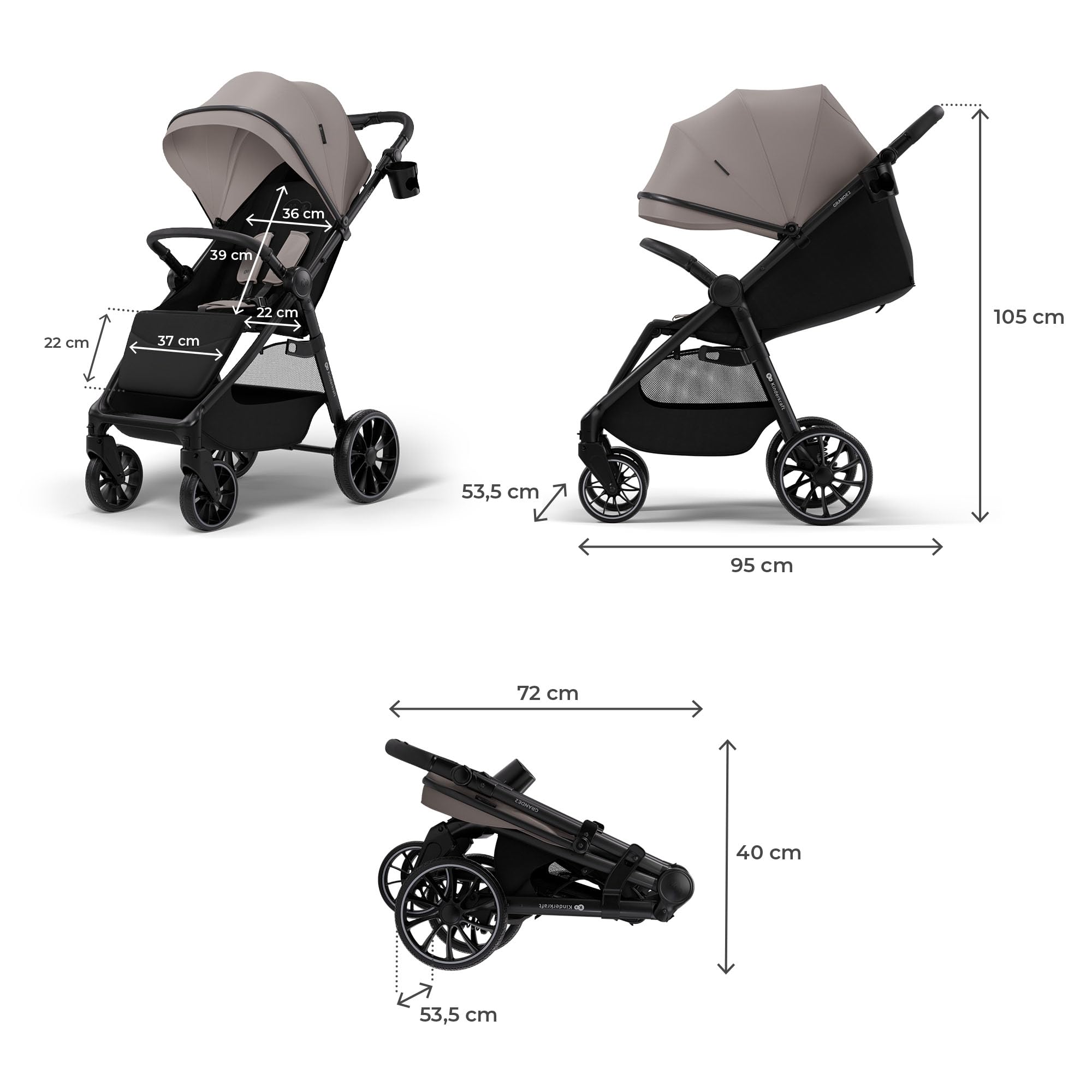 Kinderkraft GRANDE 2 - Passeggino | Grandi ruote, CLICK&FOLD, Beige