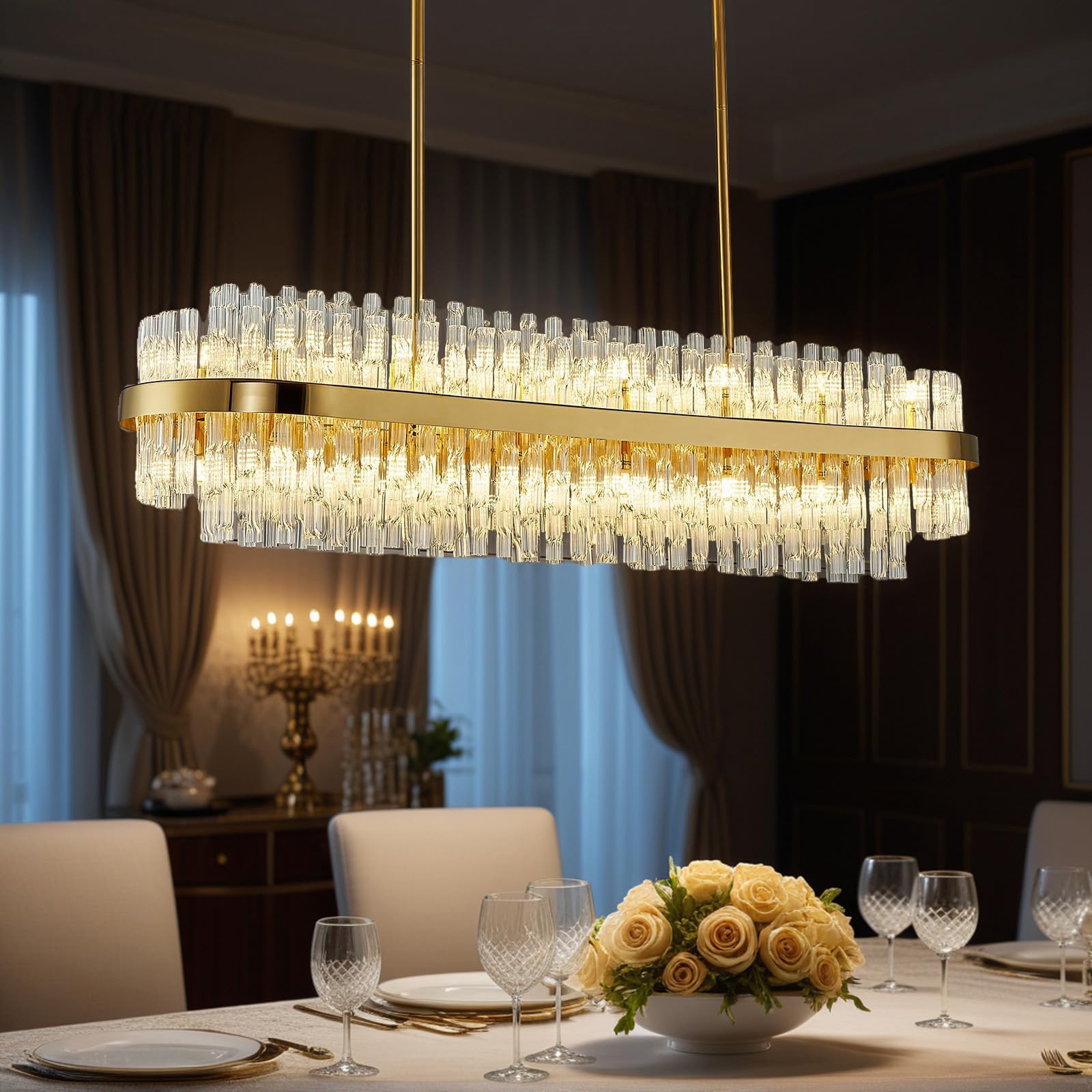 Photo 1 of WECHAET 28-Light Modern Gold Rectangle Chandeliers for Dining Room Kitchen Island Light Fixture, 2 Tiers Wave Crystal Glass Chandelier for Living Room, L45.7''