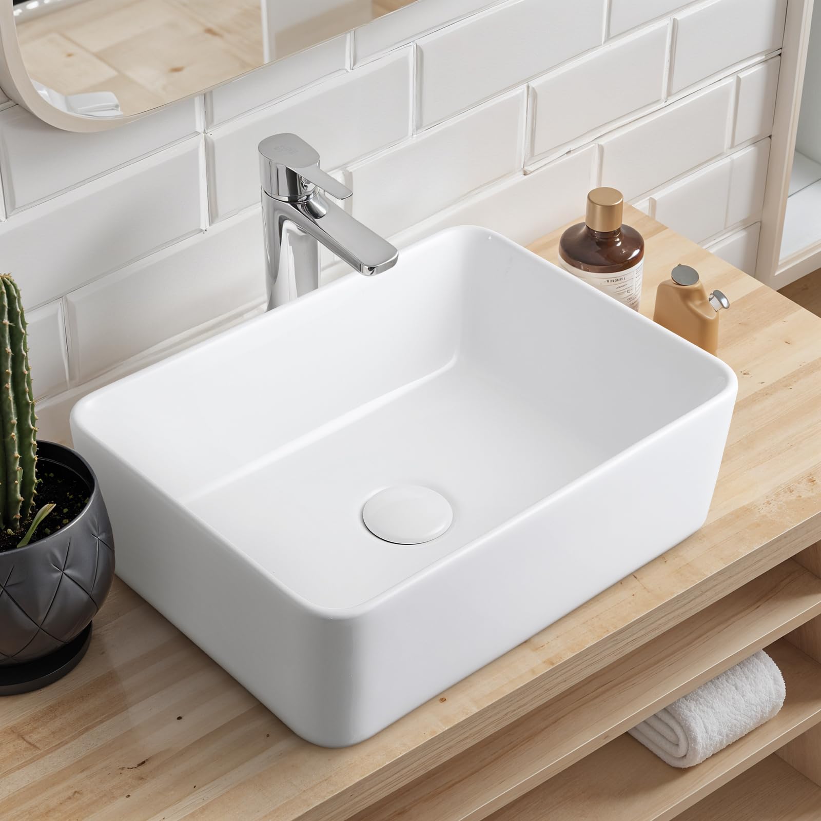Warmiehomy Countertop Bathroom Vessel Ceramic Sink,Rectangle Ceramic Basin with Waste Drainer for Bathroom Cloakroom Vanity Lavatory (White,40x30x13cm) — image 1