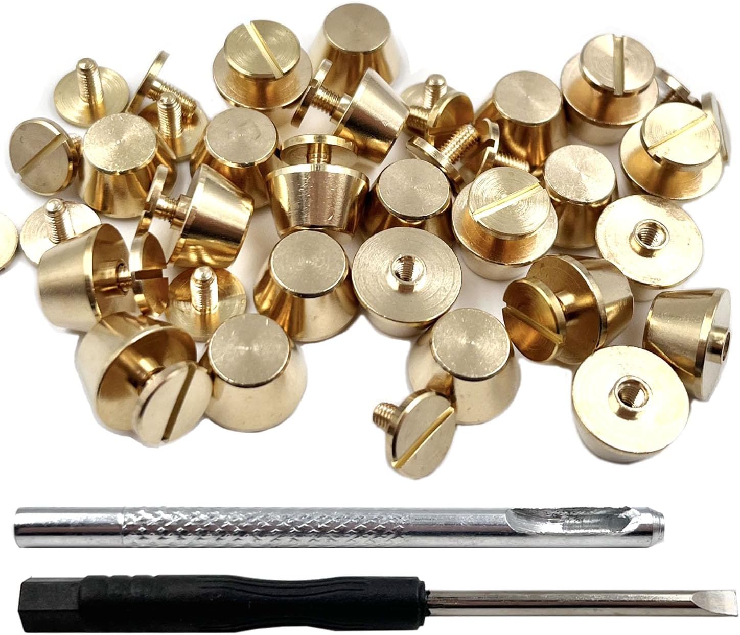 Honigo 24 Pack Rivets Stud Handbag Purse Feet 3/8 inch Gold Flat Head Metal Solid Brass Studs Screw Back Feet 10mm Buckle Spikes Leathercraft for Leather Bag Totes DIY Craft