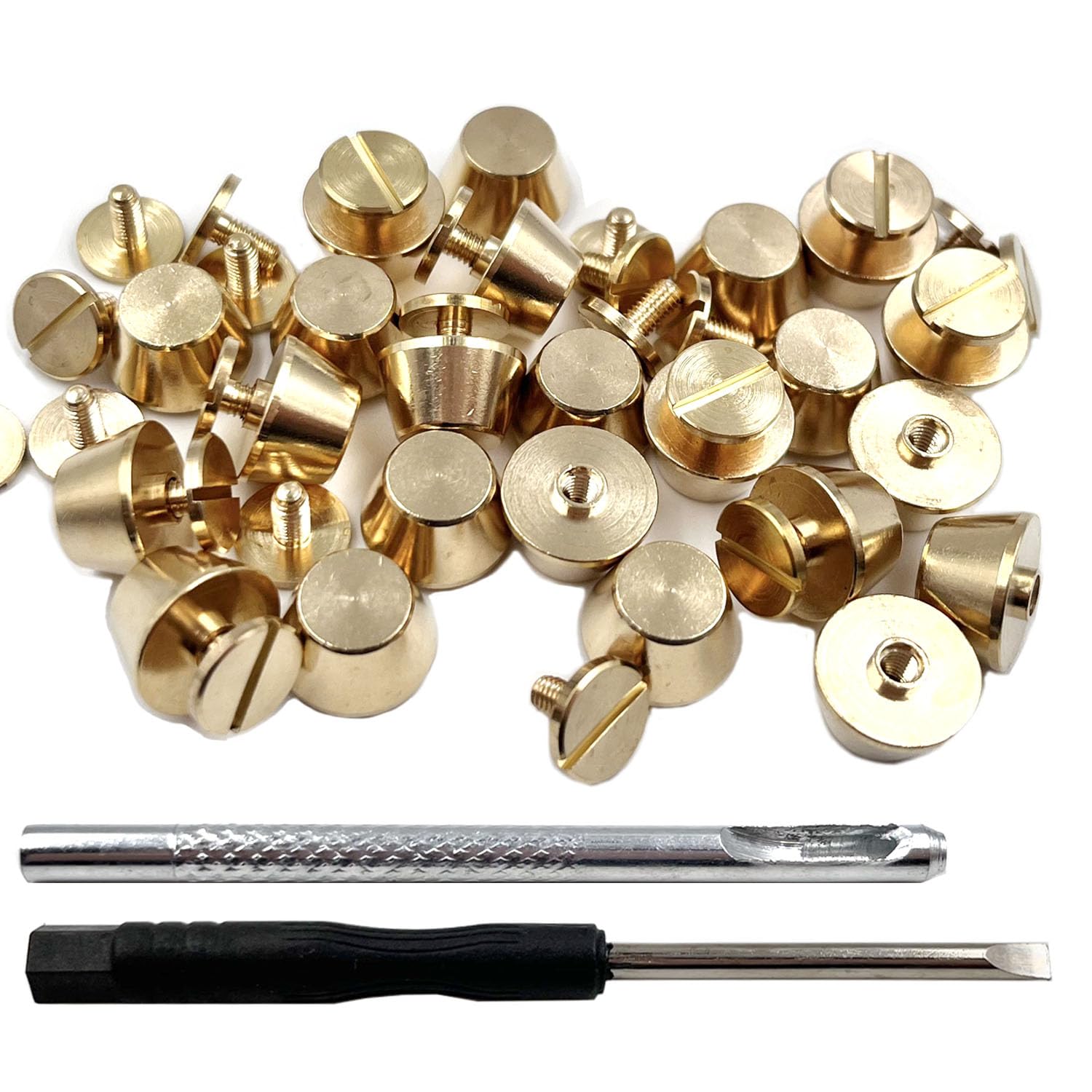 Honigo 24 Pack Rivets Stud Handbag Purse Feet 3/8 inch Gold Flat Head Metal Solid Brass Studs Screw Back Feet 10mm Buckle Spikes Leathercraft for