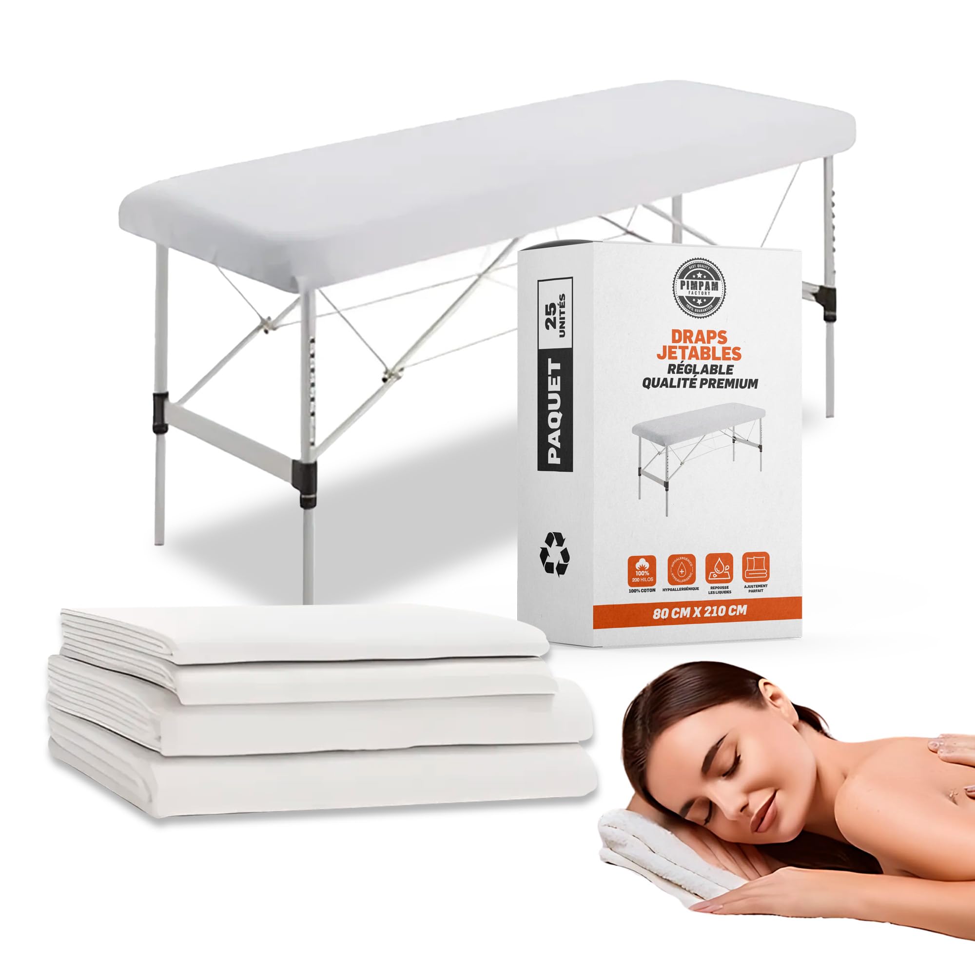 PimPam Factory - Drap Jetable Table Massage - 80x210 cm - (Pack de 25) - Fabriqué en Matériau SMS - Usage Unique Hypoallergénique - Repousse Les Liquides Jetable pour Cliniques Ou Salons De Beauté.