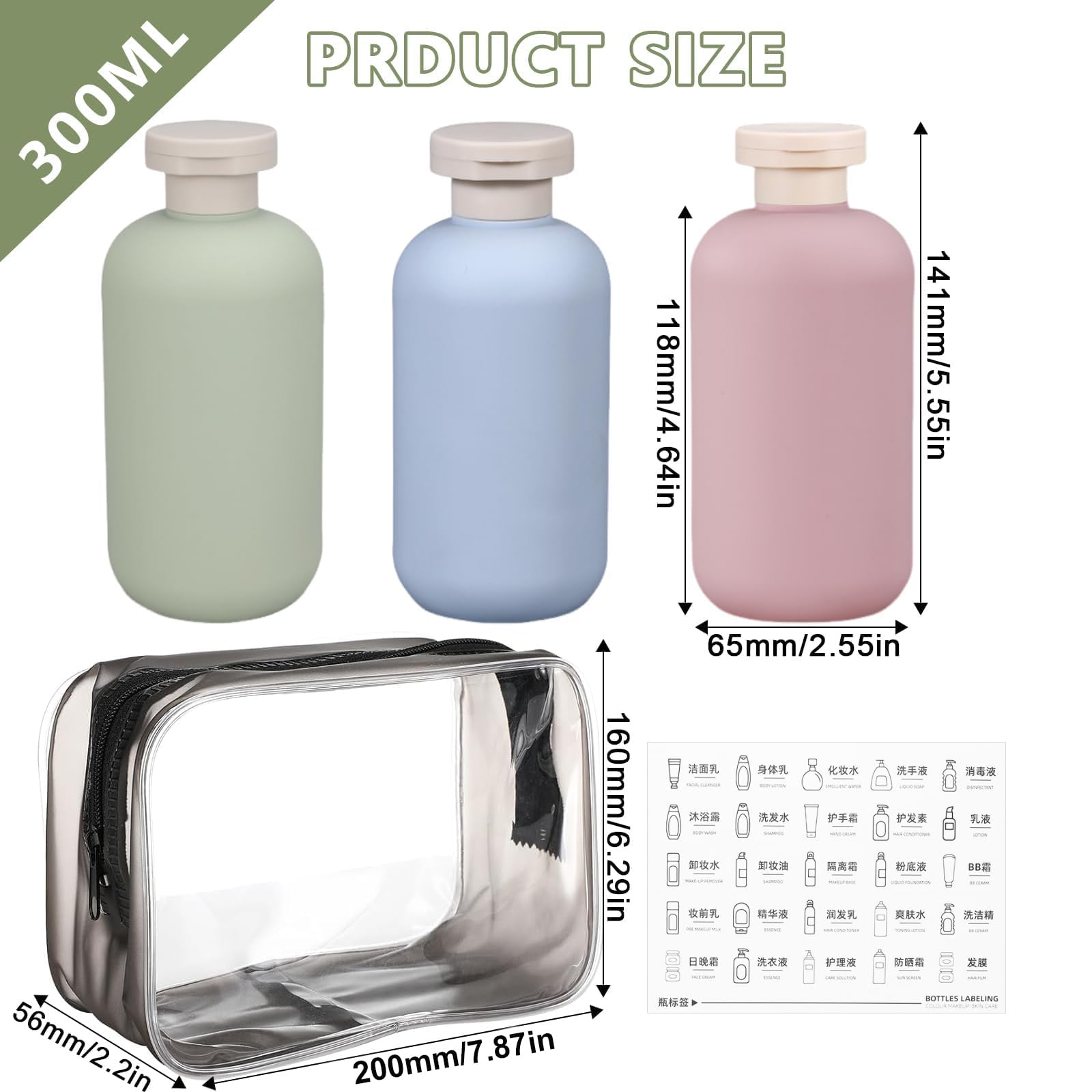 Flaconi da Viaggio set da Riutilizzabili 3 Pezzi Facile da Perdere 350ml Facile da Riempire Boccette per Liquidi Shampoo Gel Doccia Lozione