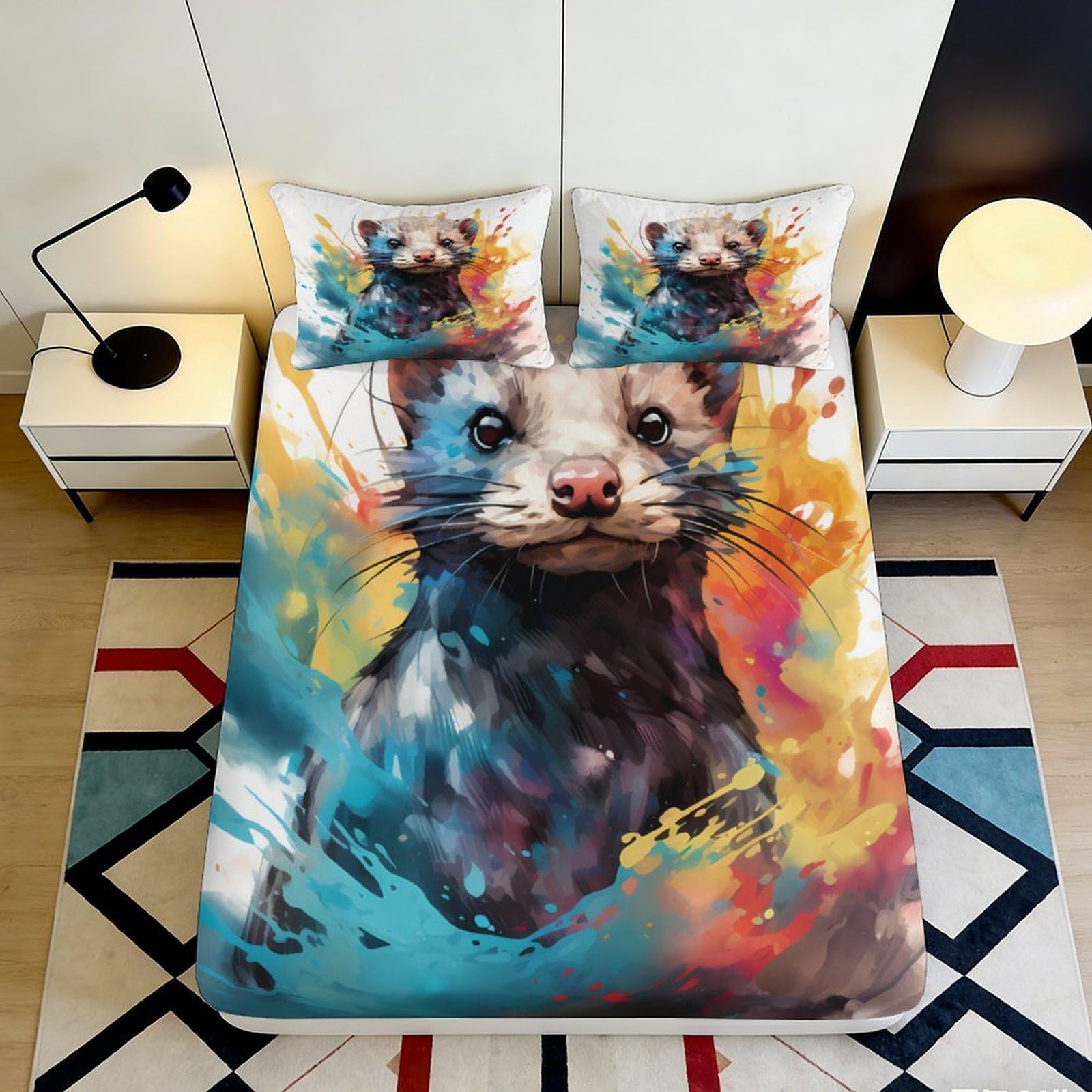 3D Printed Watercolor Otter Fitted Sheet Microfiber Deep Pocket Non-Slip Otter Mattress Fitted Cover Washable Full Wrap Bedding 90x200x25cm