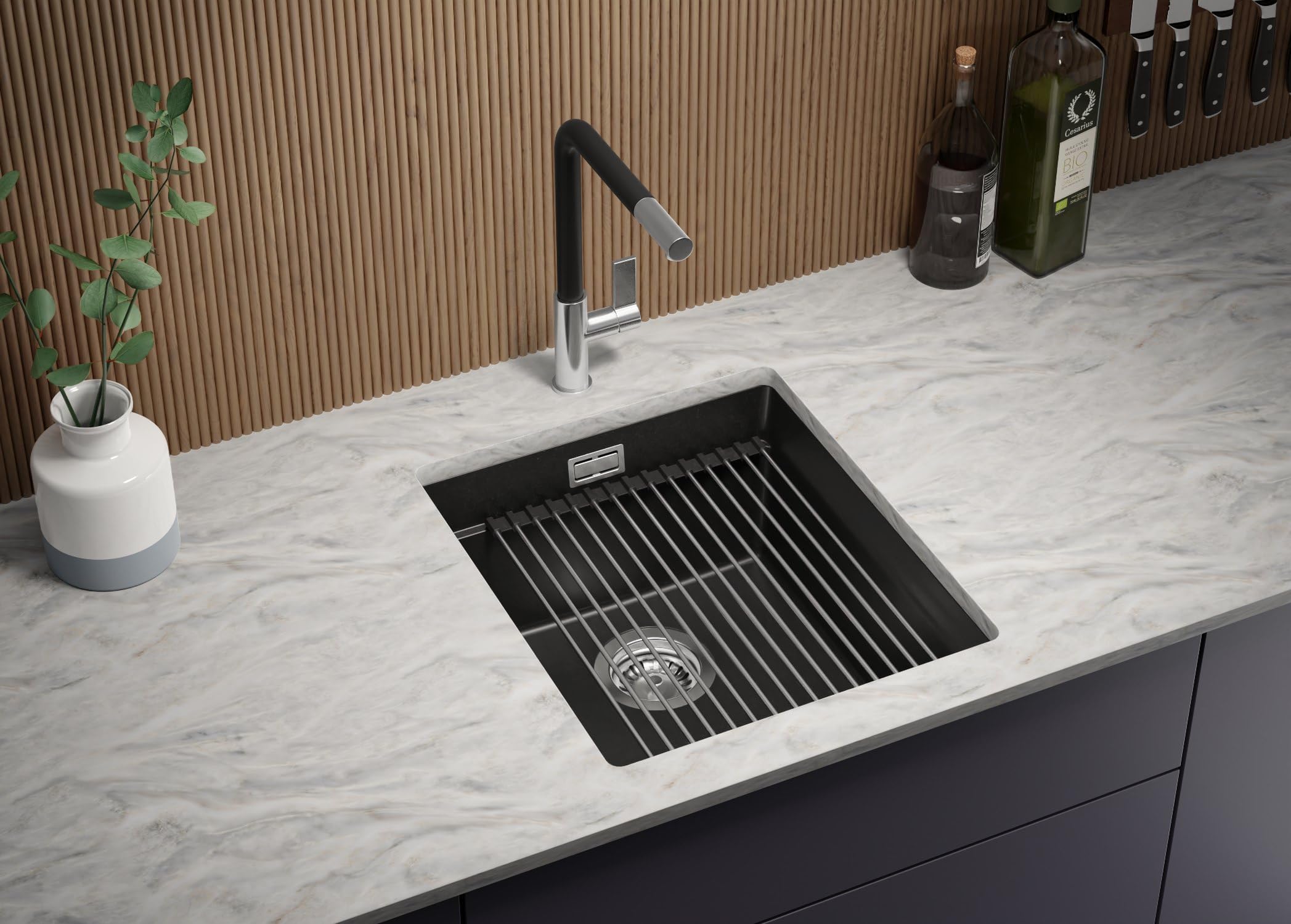 PRIMAGRAN Fregadero bajo Encimera Todo Negro 41x47cm, Cocina 1 Seno + Sifón + Enrollable Escurridor, Granito al Mueble 45cm - Prague Level S137