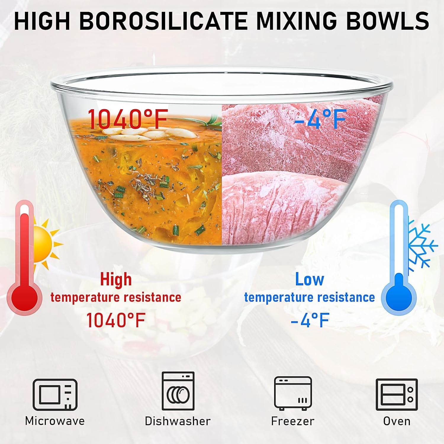 3er Set Glas Salatschüssel mit Deckel, Rund Glasschüsseln (4,2L, 2,5L, 2L) | Stapelbare Borosilikatglas Rührschüsseln, spülmaschinenfest, zum Backen, Vorbereiten, Aufbewahren und Servieren