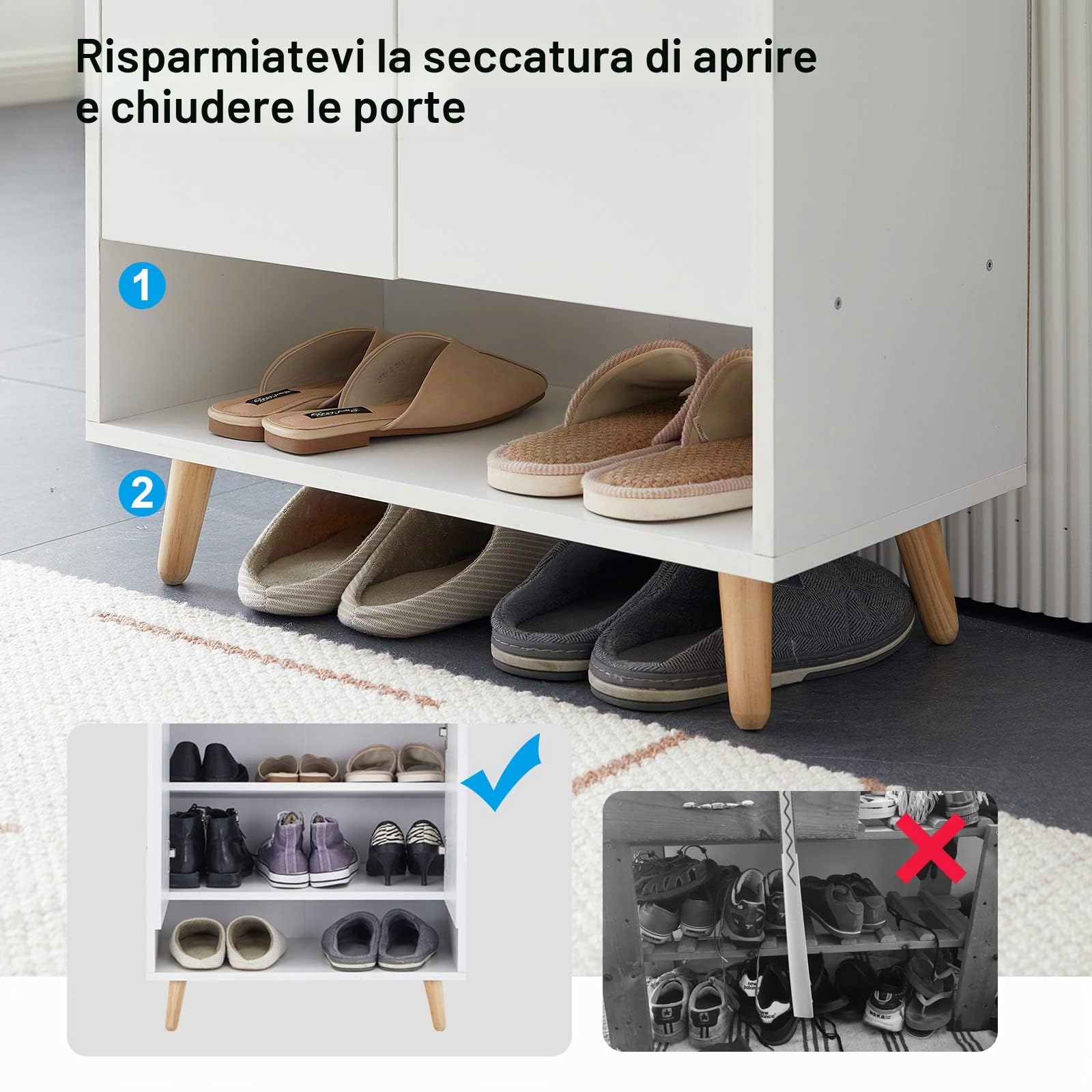 LEMROE Scarpiera in legno con 2 ante, organizer portascarpe a 5 livelli con 1 cassetto e 5 ripiani, scarpiera per corridoio, bianco, larghezza 60 cm