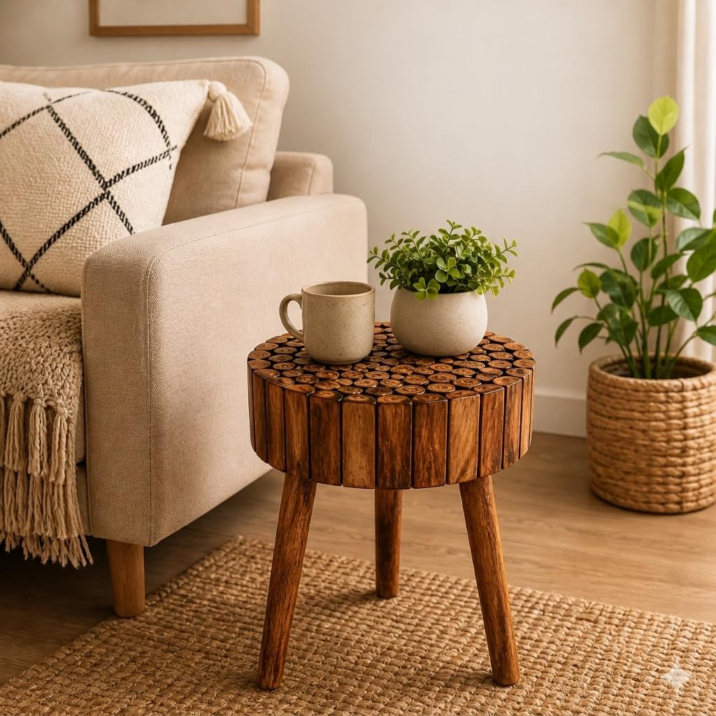 iAnanas Handcrafted Wooden Block Side Table for Living Room and Bedroom Stool Solid Mango Wood Coffee Table Bedside End Table Home Décor (Natural)-picture-10