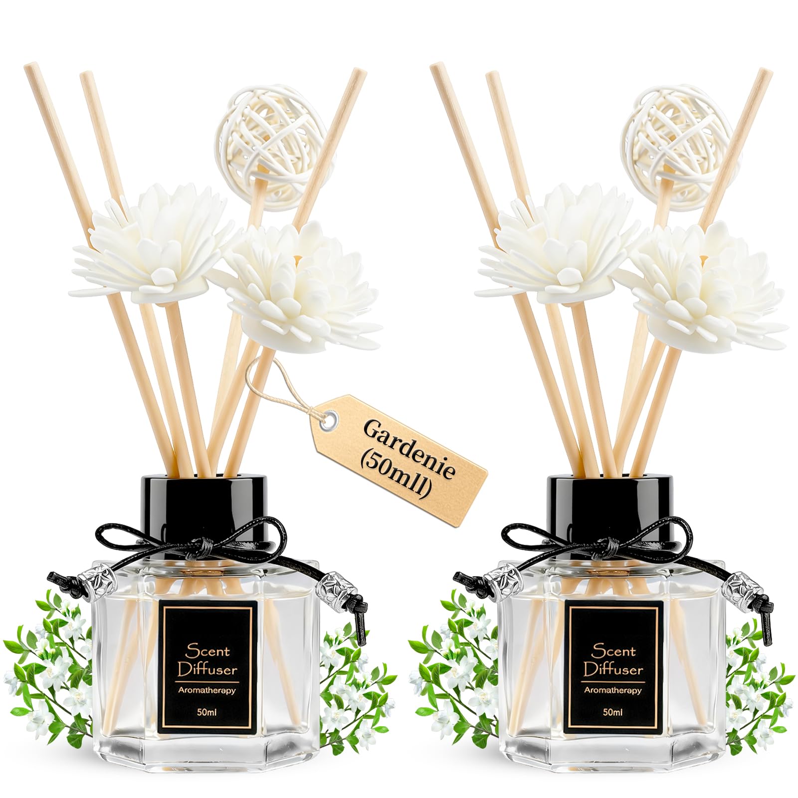 TonJin Raumduft Stäbchen 2er Set (2 x 50ml) – Reed Diffuser mit 6 Rattanstäbchen – Langanhaltender Lufterfrischer & Badezimmer Deko – Premium Raumduft für Wohnung, WC & Büro – Gardenie