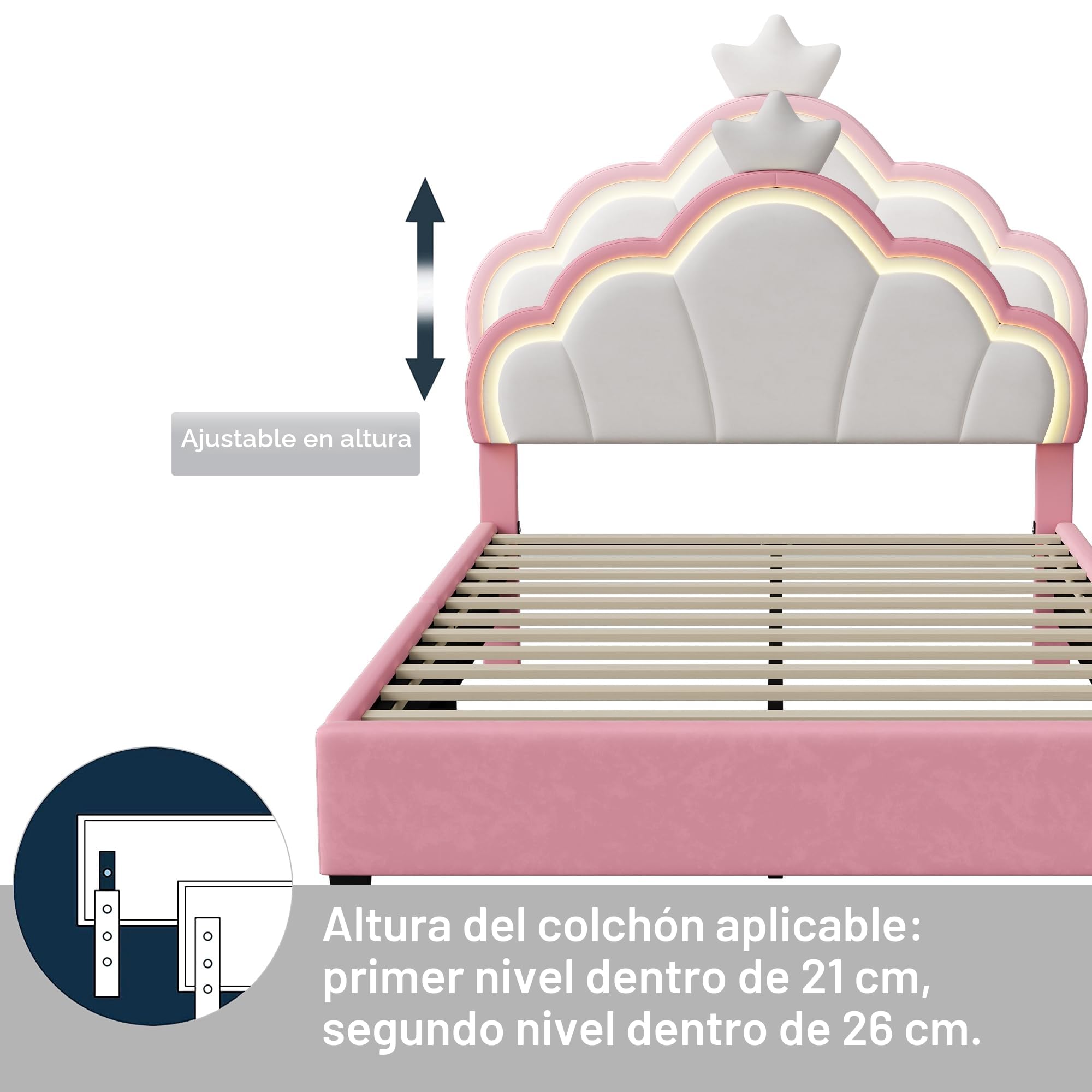 Cama para Niña 90x200 con LED RGB, Cama Infantil con Cabecero Nube Ajustable en Altura, Terciopelo Suave, Somier de Láminas de Madera, Blanco, Rosa, Cama Infantil niña, para Habitación Infantil