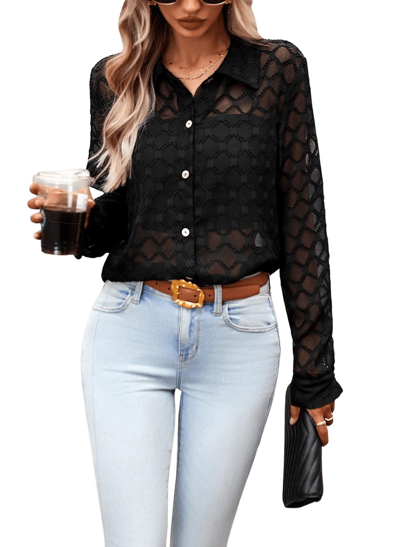 GORGLITTER Blusa transparente de manga larga para mujer, con botones, elegante, sin sujetador