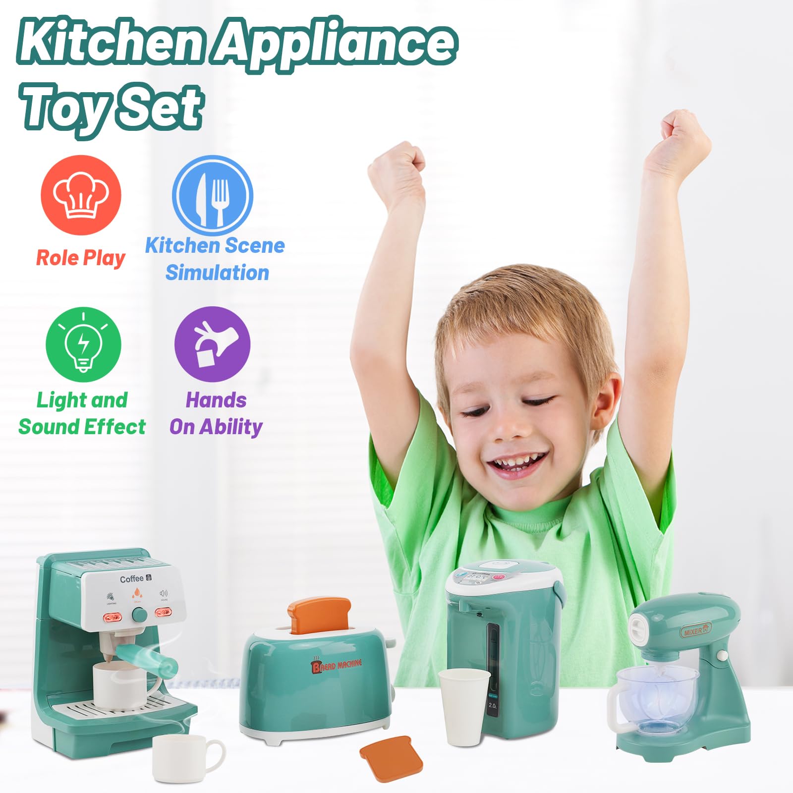 Set Elettrodomestici Cucina Bambini Con Rumori Colazione Tostapane Caffettiera Giocattoli Sbattitore Educativo Caffè Espresso Mini Gioco Accessori Playtive Panettiera Gelateria Finto Cibo 3+ Anni