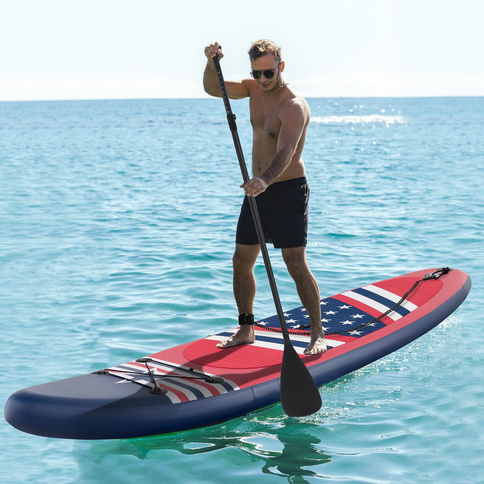LDAILY Inflatable Stand Up Paddle Board, 10’ x 30” Surf Standing Board w/Premium SUP Accessories, Adjustable Paddle, Hand Pump, Repair Kit, Anti-Lip EVA Deck, Bag for Youth & Adults (Red & Star)