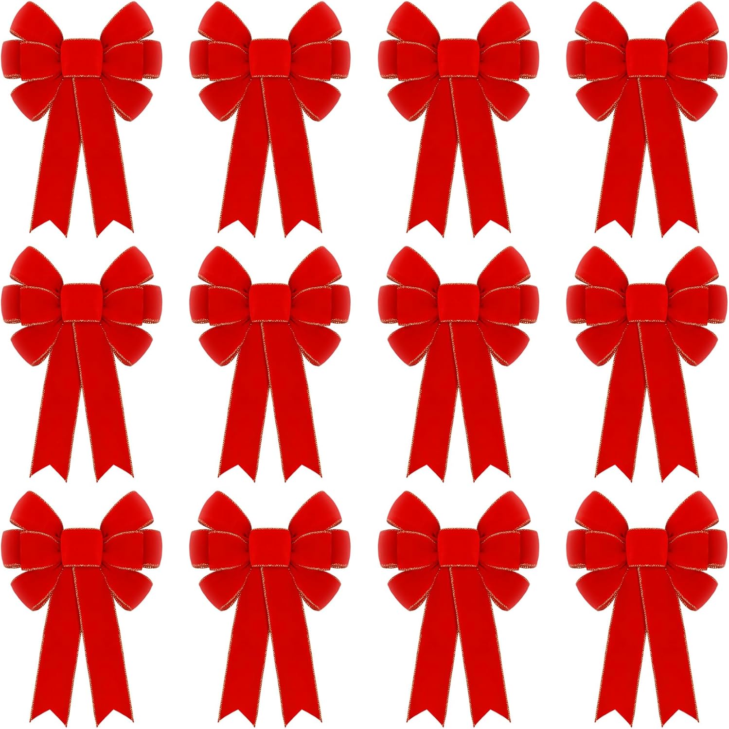 12 Pcs Red Velvet Bows for Christmas Tree Decorations, 9" X 14" Outdoor Christmas Bows Tree Topper Ornaments with Glitter Gold Edge for Wreaths Fireplace Home Party Door Xmas Holiday Decor Red 12