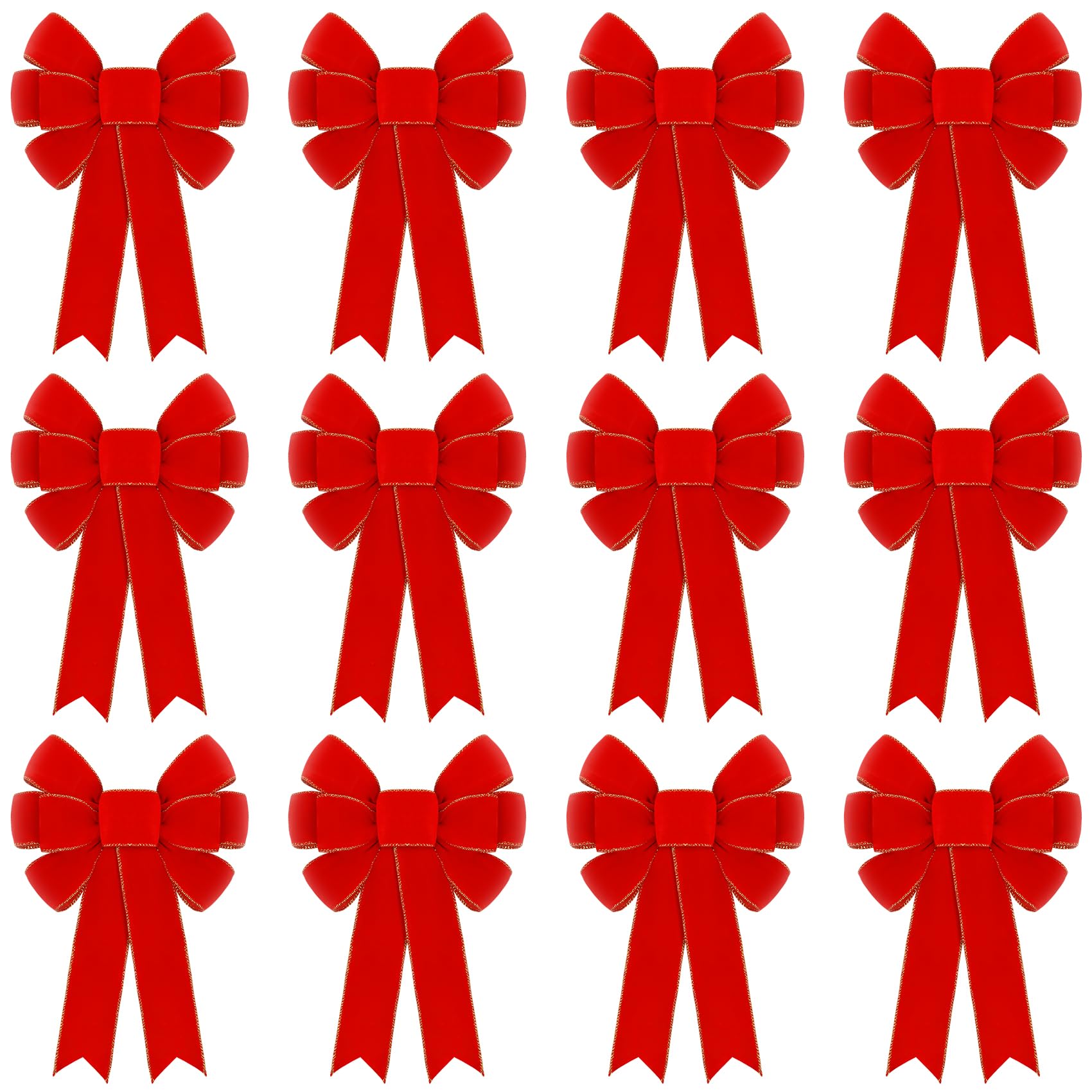 12 lazos rojos para decoración de Navidad, 9 x 13 pulgadas, lazos de Navidad de terciopelo para exteriores con borde dorado brillante para árbol de Navidad, coronas, chimenea interior