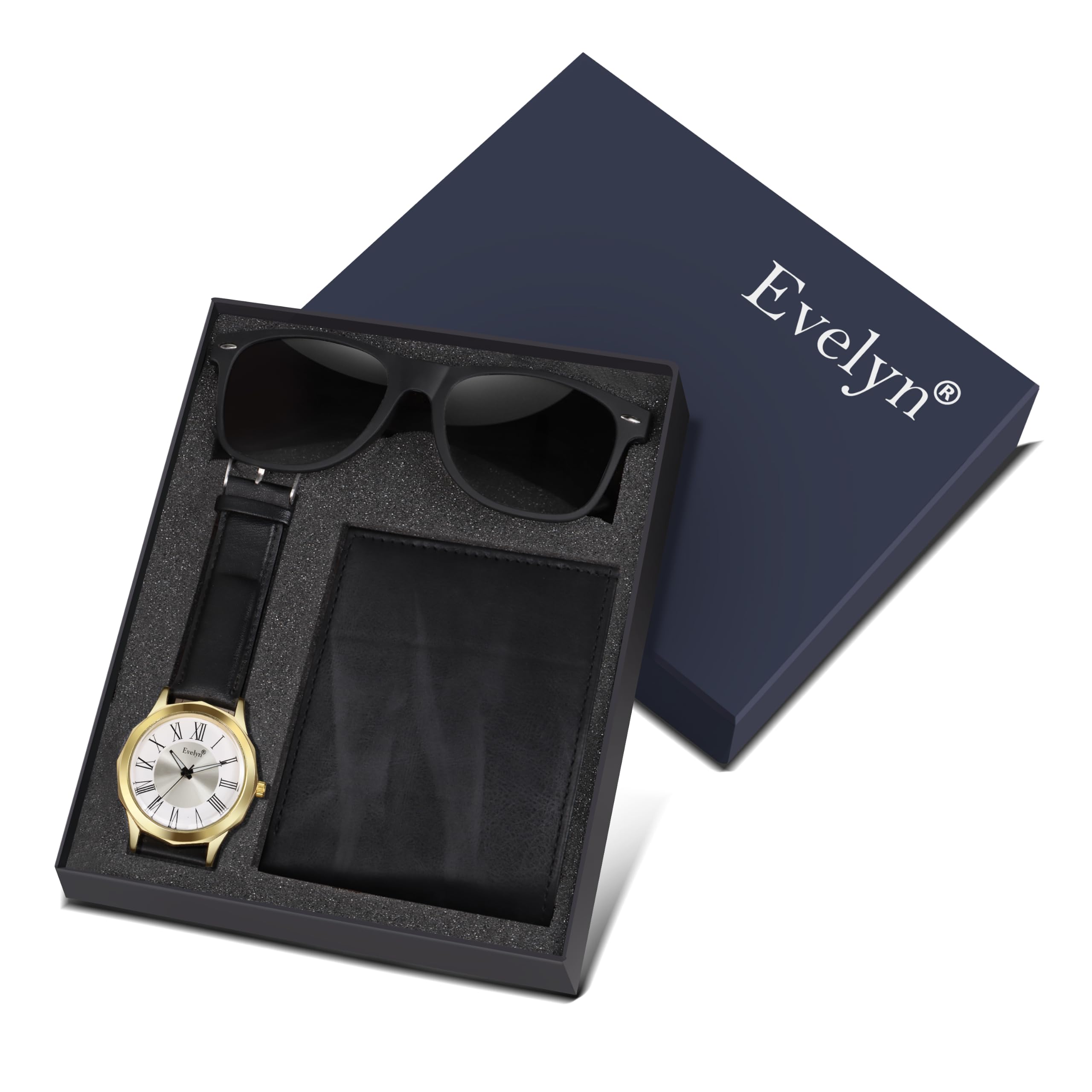 evelyn Men's Watch, Wallet & Sunglasses Gift Set, Black-picture-1