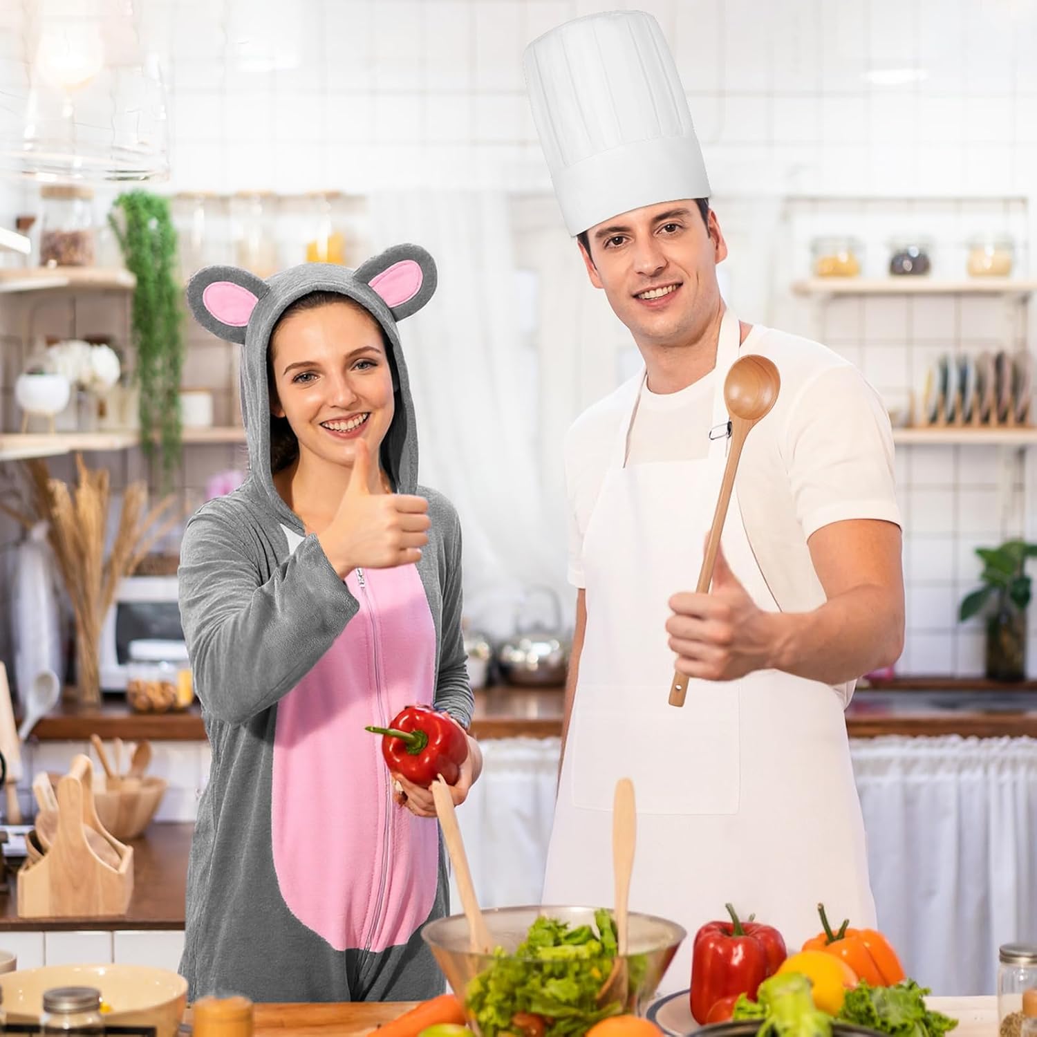 Hillban 4 Pcs Couple Mouse Chef Costume Accessories Chef Hat Apron Spoon Rat Jumpsuits for Halloween Cosplay Party - Image 6