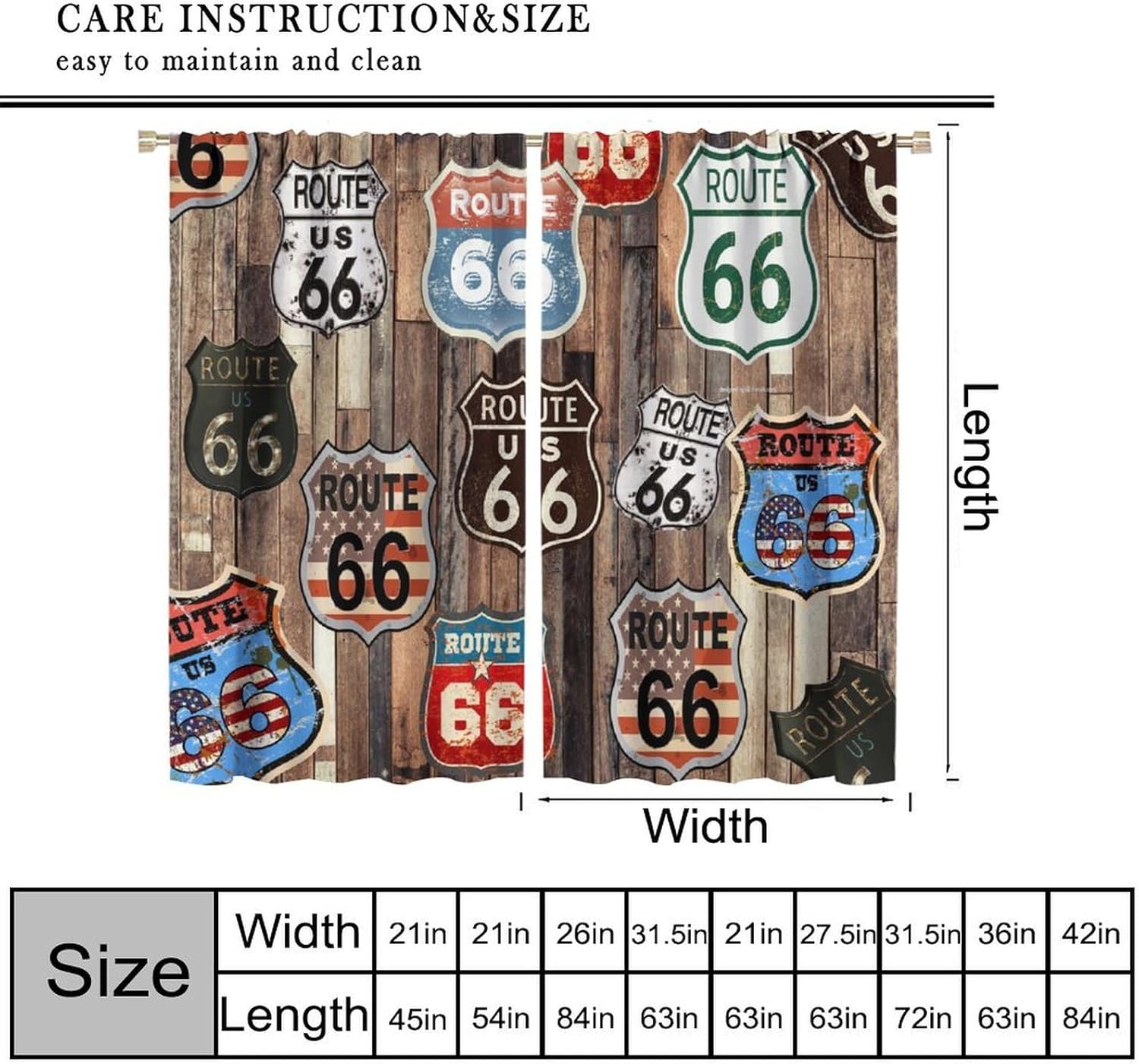 Route 66 Vintage Blackout Curtains Classic American Road Sign Designs Rustic Charm Retro Home Decor Window Treatments for Kitchen Bedroom Living Dining Room Cafe 42" W X 45" L