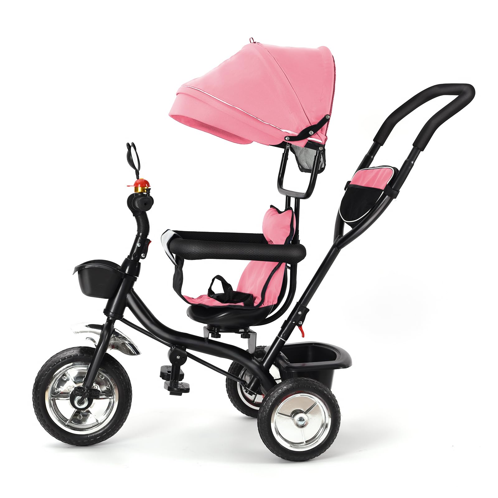 Triciclo de bebé escalable, triciclo evolutivo 4 en 1, triciclo infantil de 9 meses hasta 25 kg, con varilla de empuje ajustable en altura, asiento giratorio delantero y trasero, toldo plegable (rosa)