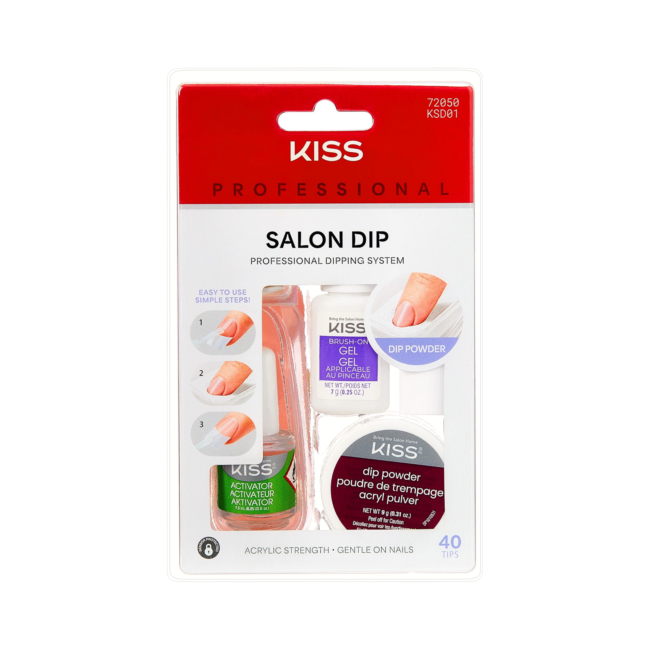Salon Dip Powder Nail Kit Professional Dipping System with Brush-On Gel, Dip Powder, Activator, 2 Brushes, Dipping Trough, Cuticle Stick, Sponge, Nail File, & 40 Nail Tips