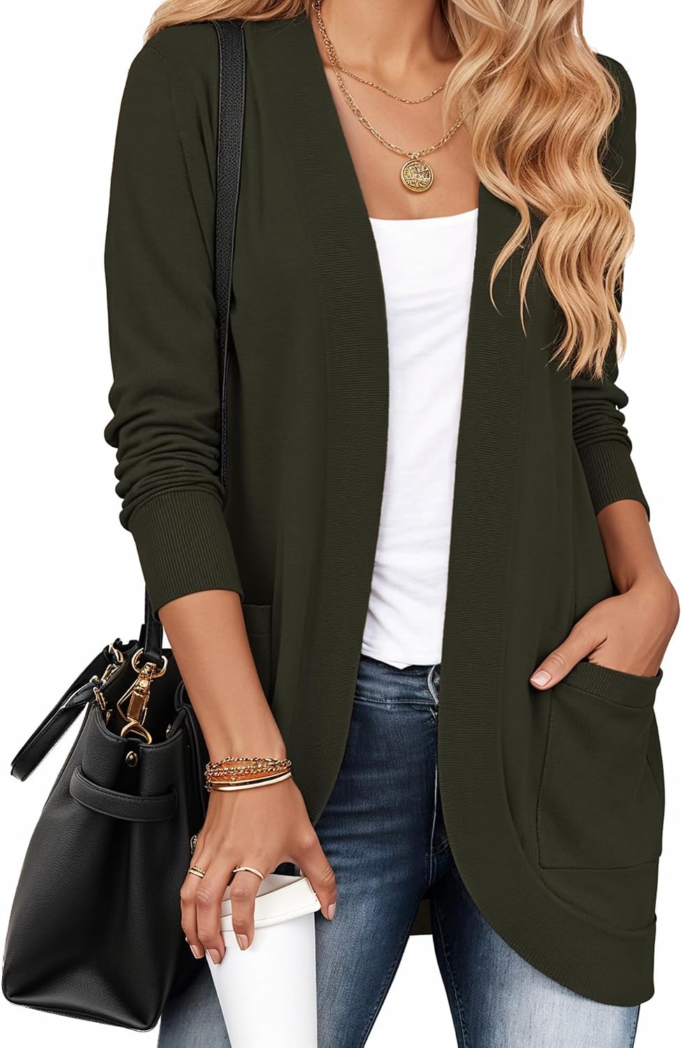 LILBETTER Womens' Long Sleeve Knit Sweater Cardigans Curved Hem Open Front with Pockets