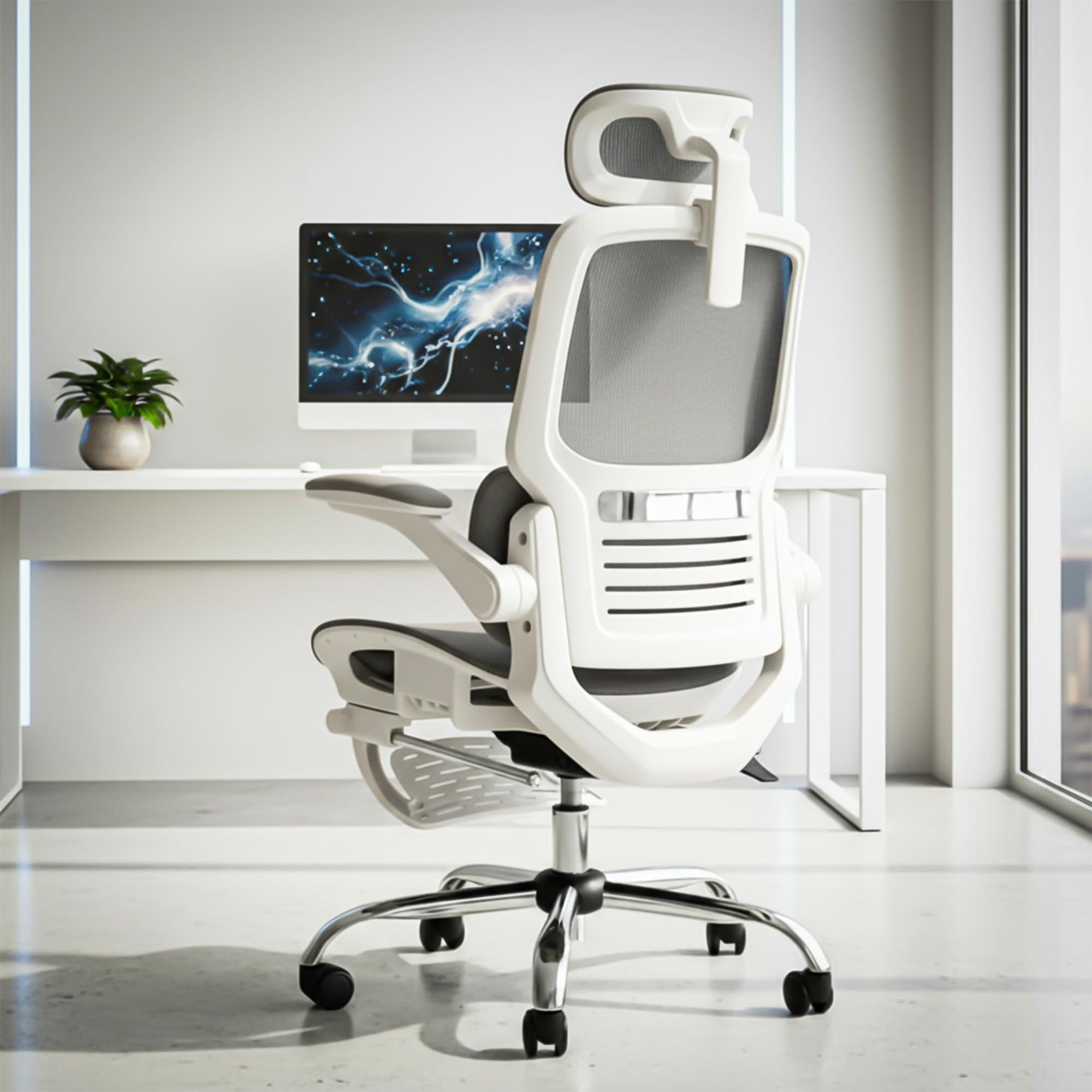 DROGO Ergonex Ergonomic Office Chair for Work from Home with Mesh, Armrest, 2D Headrest & Lumbar Support | Computer Chair for Study | Gaming Chair with Footrest & Heavy Metal Base (Grey)