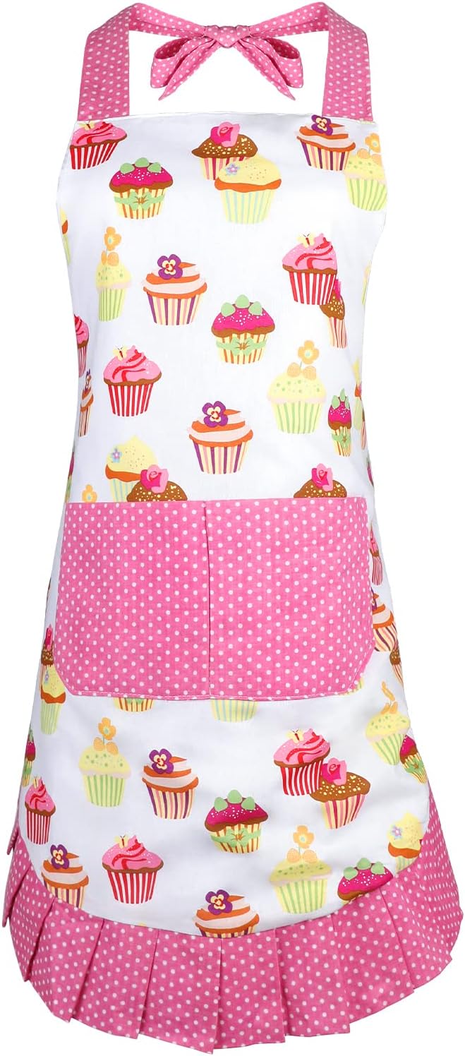 G2PLUS Aprons for Women with Pockets, 29 x 21 Inch Extra Long Ties Cupcake Apron, Pink Vintage Damask Apron for Kitchen Cooking, Baking and Gardening