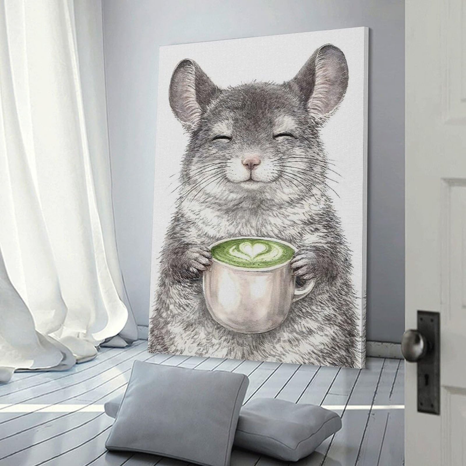 Junmoney Chinchilla Enjoying Matcha Latte Decorative Canvas Print 24x36inch(60x90cm), for Home, Office, Studio Or Guest Room, Versatile Wall Decor for Many Rooms