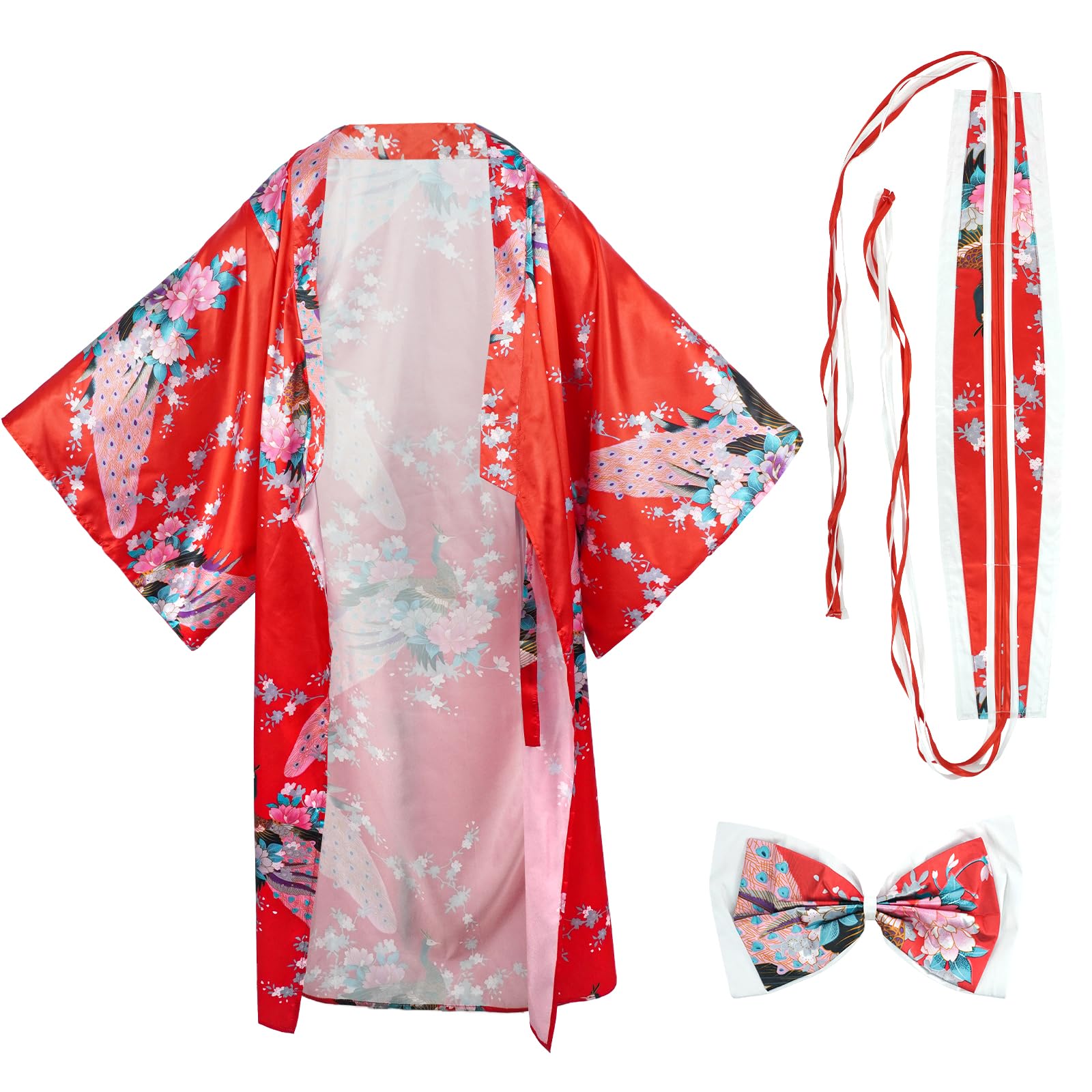 5 Piezas Kimono Set Tradicional Japonés para Mujer, Kimono Largo con Estampado de Pavo y Cinturón para Fotografía y Cosplay